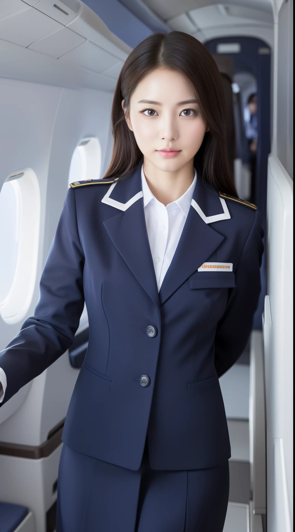 Top quality, masterpiece, 8K, Ultra High Definition, (Photorealistic: 1.4), 1 girl, beautiful face, symmetrical eyes, perfect body proportions, stewardess uniform, look at the viewer, (interior of the plane: 1.2), front view,