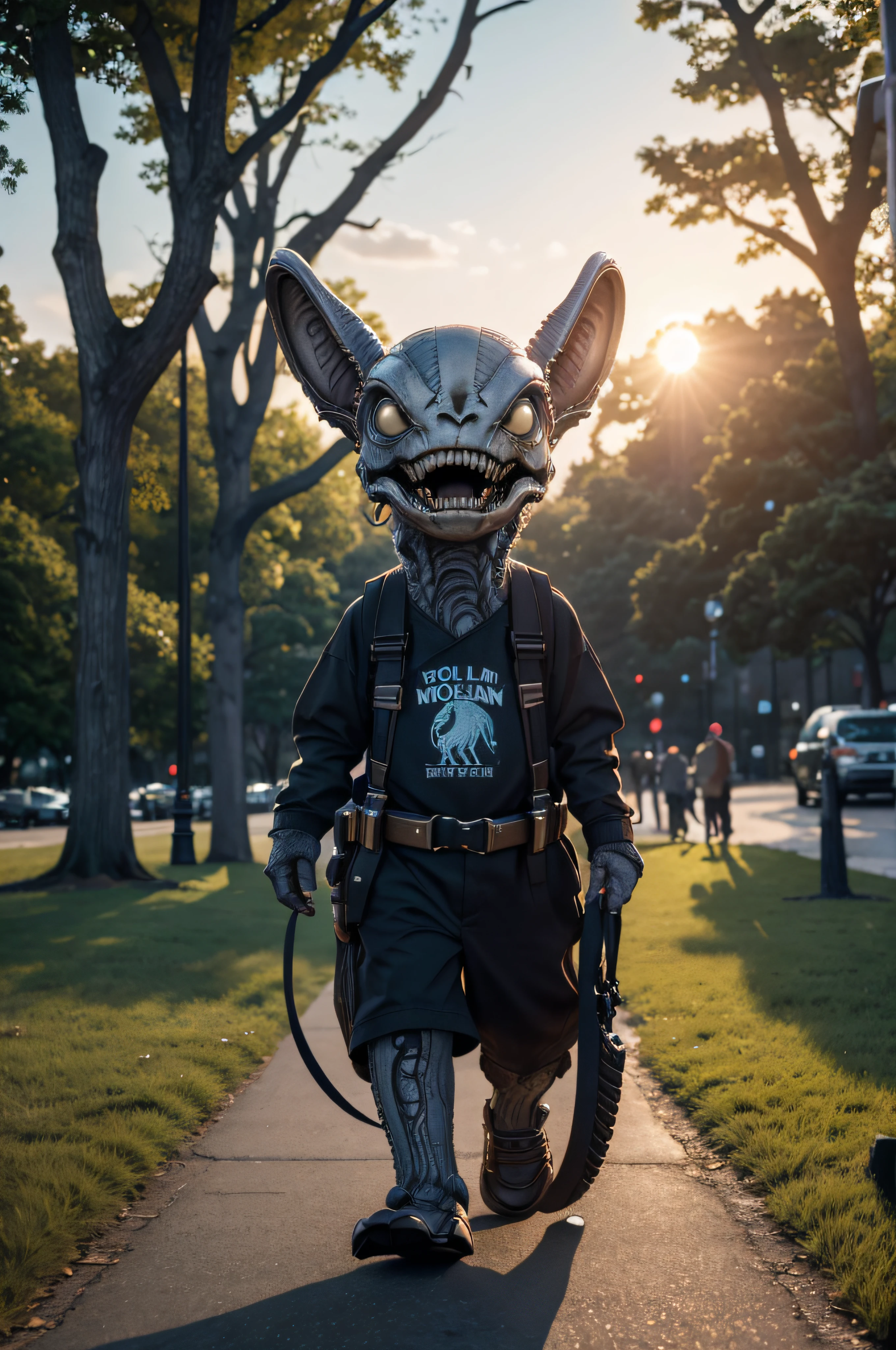 ((aged man friendly and content looking)) ((cute friendly Xenomorph from Aliens movie)) old man takes his Xenomorph for a walk in the park (man has Xenomorph on a leash) (Xenomorph looks up towards his master), ultra-detailed, bokeh, intricate details, Cinematic, ambient occlusion, scene in Central Park NYC (setting sun illuminates trees and skyscrapers), volumetric lighting, detailed 64K upanime, Sony A7S III, f/ 8. 0, 1/ 200, sharp focus, detailed 64K, at camera