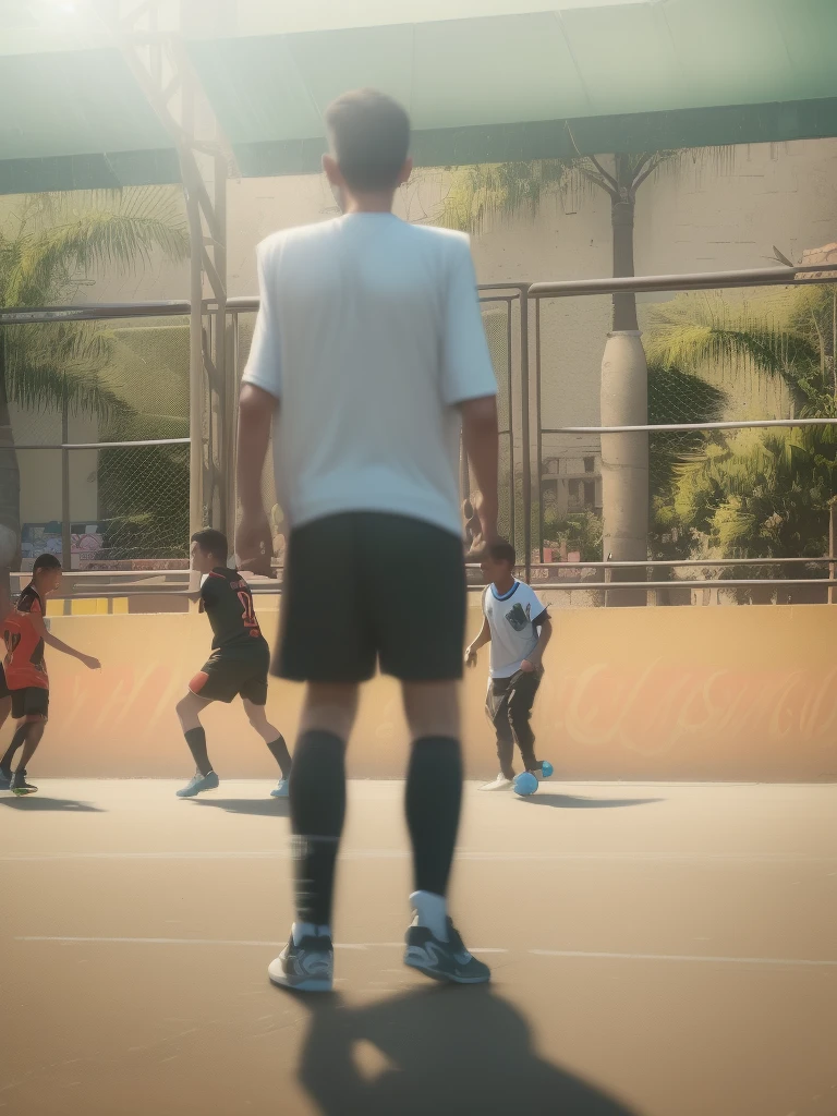 (best quality,4k,8k,highres,masterpiece:1.2),ultra-detailed, realistic, HDR, lively neighborhood, children playing, vibrant colors, street soccer, daring moves, impressive ball control, intense competition, energetic players, dynamic poses, fast-paced action, cheering crowd, joyous celebration, detailed faces, stylish football jerseys, fluent movements, skillful dribbling, strong kicks, precise passes, gravity-defying acrobatics, authentic street atmosphere, narrow alleys, bustling streets, graffiti-covered walls, urban landscape, sun-drenched scene, shadows and highlights, flickering streetlights, colorful murals, corner shops, sound of traffic, echoing laughter, unforgettable moments.