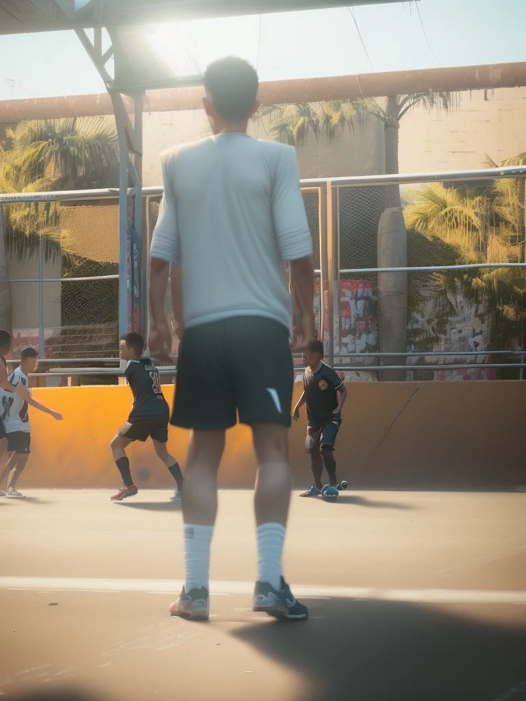 (best quality,4k,8k,highres,masterpiece:1.2),ultra-detailed, realistic, HDR, lively neighborhood, children playing, vibrant colors, street soccer, daring moves, impressive ball control, intense competition, energetic players, dynamic poses, fast-paced action, cheering crowd, joyous celebration, detailed faces, stylish football jerseys, fluent movements, skillful dribbling, strong kicks, precise passes, gravity-defying acrobatics, authentic street atmosphere, narrow alleys, bustling streets, graffiti-covered walls, urban landscape, sun-drenched scene, shadows and highlights, flickering streetlights, colorful murals, corner shops, sound of traffic, echoing laughter, unforgettable moments.