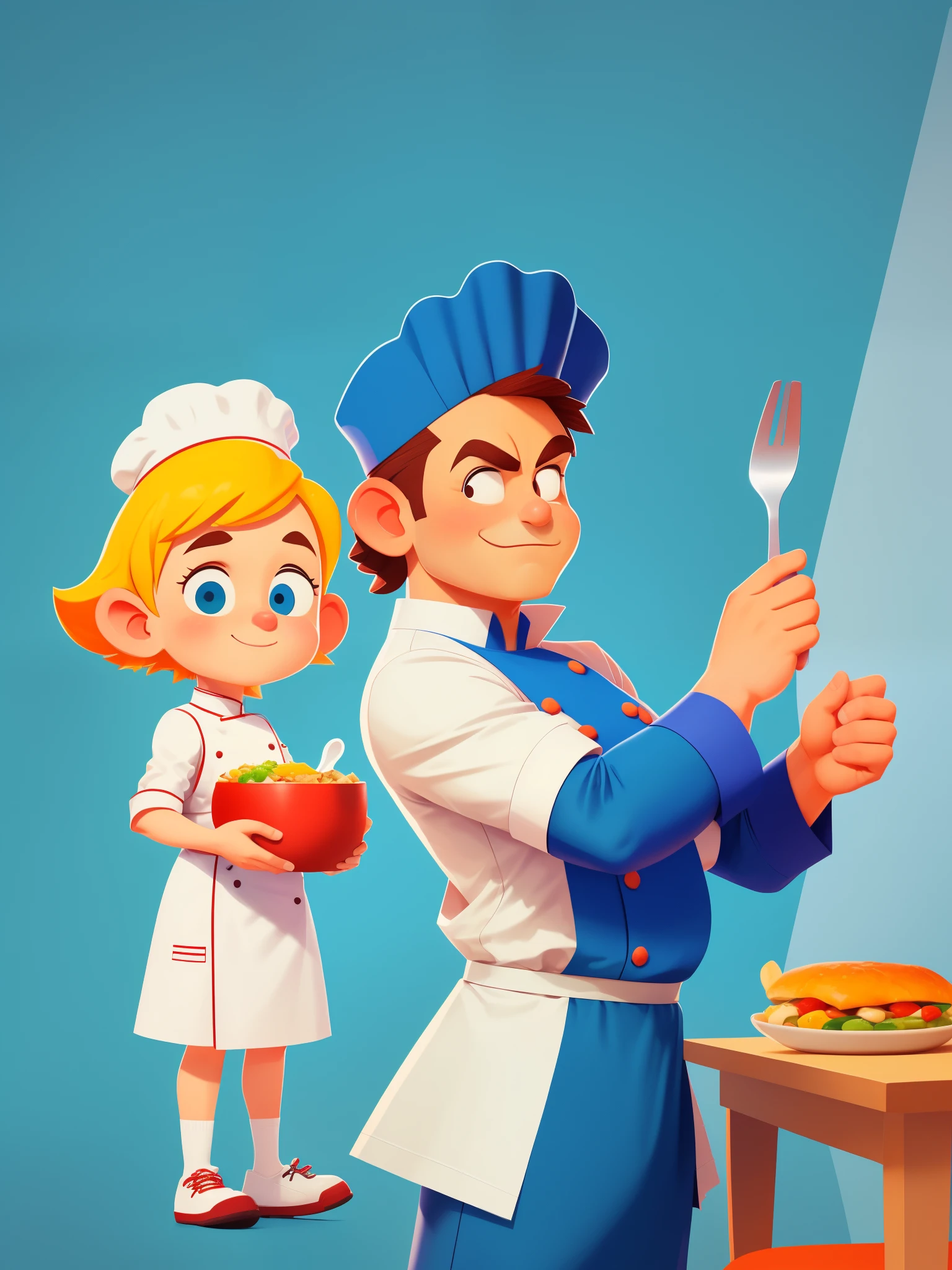 (a man wearing a chef's uniform, school uniform, holding a dish of food, cartoon character),illustration,homemade cooking,detailed kitchen background,utensils and ingredients,delicious aroma,HDR,portrait,colorful,soft lighting