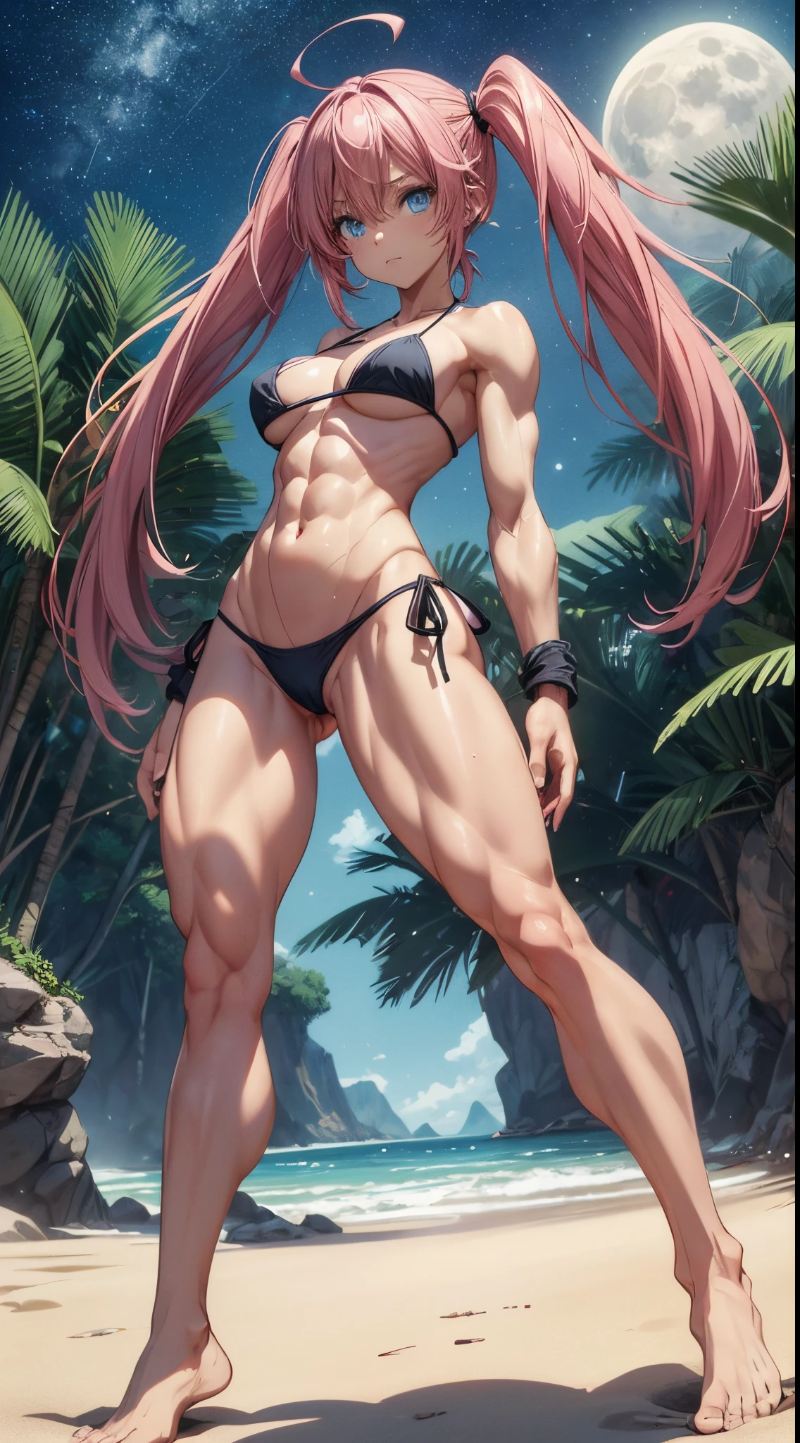 1 girl, (medium breasts))), (((wearing short bikini))), (long pink hair), (((blue eyes))), slim arms, (on the beach at night with starry sky and full moon blood), (slim waist), (((muscular legs))), muscular belly, bare feet, (((showing her big ass to me))), (full body photo), (twintails), long eyes, eye flare, bad mood, anime, anime style, ray tracing, glare, drop shadow, panorama, Sony FE, 8k, UDisk, masterpiece, accurate, anatomically correct, Super Detail, best quality, ultra high resolution, UDisk hard, 16k