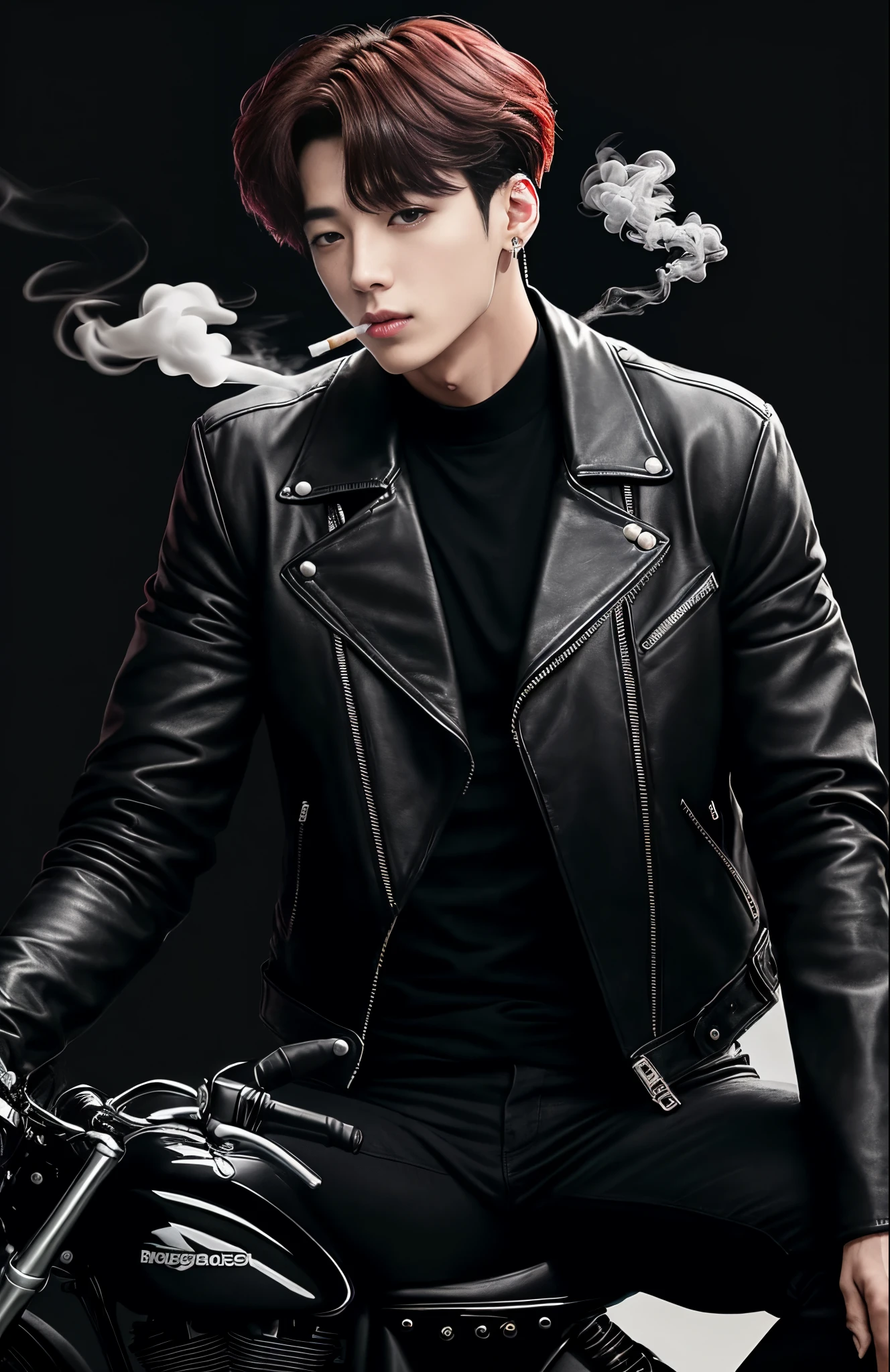 Jungkook do bts, leaning against a motorbike and with his medium hair flying in the wind, a leather jacket and a cigarette in his hand on a dark background looking like a real person