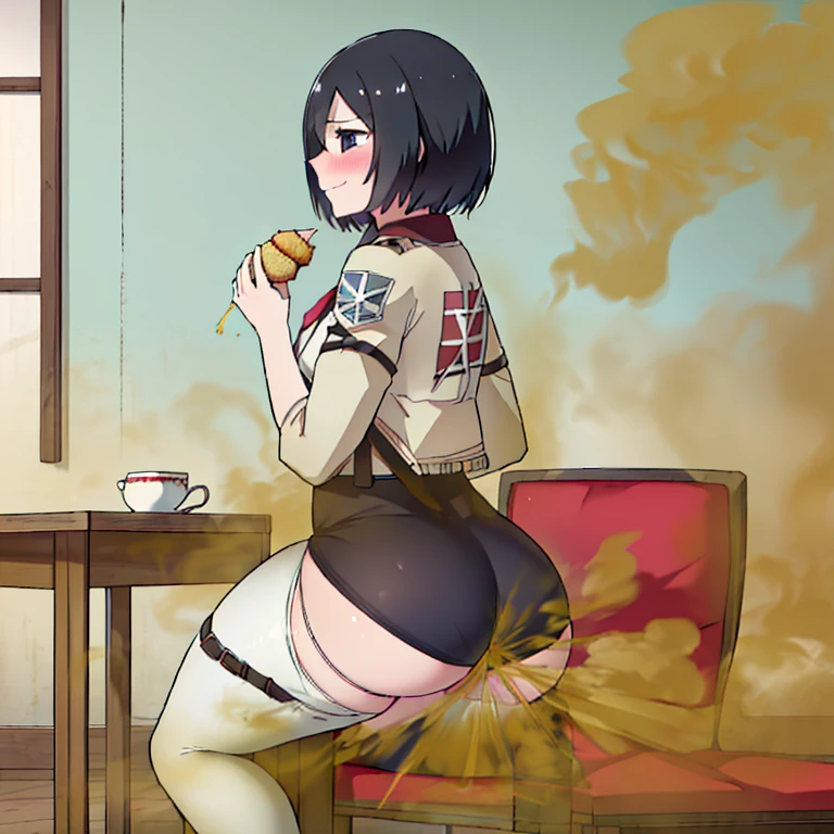 ((Mikasa ackerman)),((velocity)),Yellow smoke,Attacked by farts, (((Women sit on seat)),wear white legging,velocity,(Yellow smoke is rising),i'i'i'i'i'i' dining room),((One Woman)),((A girl smells a fart and smiled frowned)),((fart while eat)),(farting in dining table),((blushing)),(masterpiece:1.2、top-quality)、(the Extremely Detailed CG Unity 8K Wallpapers、ultra-detailliert、Best Shadows)、(细致背景)、(The best lighting、extremely delicate and beautiful)、depth of fields、1girl in、独奏 ,looking arround her,Women wear scout outfit,Ephemeral,,(),(scout regiment outfit)),((((Girl is embarassed when she smells the bad smell of farts)))),outfit like a scout regiment,((((profile facing diagonally)))),((i'I closed my mouth with hand feel embarassed...)),(()),((embarassing look)),((massive fart)),((fart text))