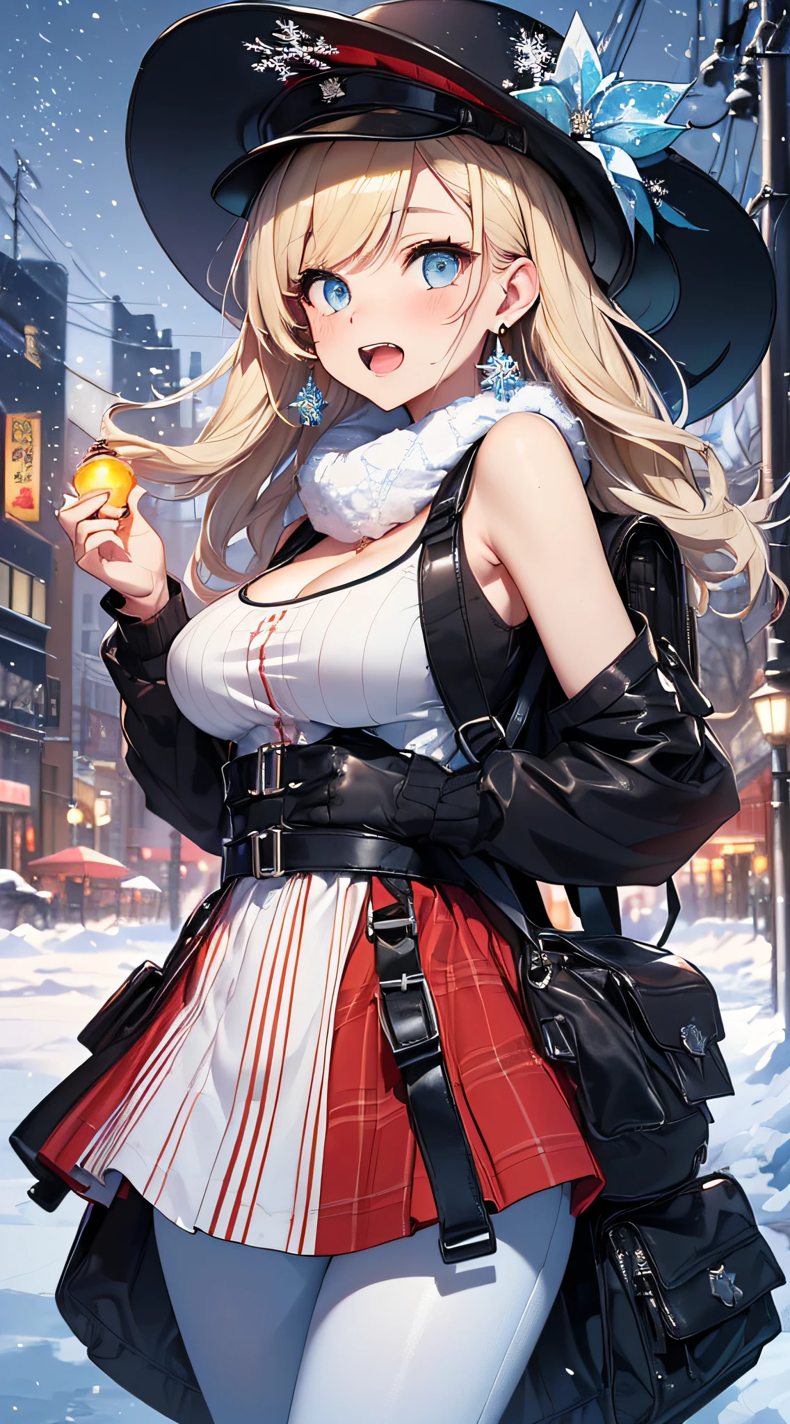 top-quality、Top image quality、masterpiece、girl with((Black jacket、Blue tank top、White trousers、sixteen years old、 ager、cute little、Best Bust、big bast,Beautiful light blue eyes、Breasts wide open, a blond、A slender,Large valleys、belligerent movements,military backpack、dye one's cheeks red、shivering、sapphire earrings、Hats、holding lantern、close range、White breath、Laugh、)),hiquality、Beautiful Art、Background with((Ice Burn City at night、snowflakes falling、Heavy snow falls、snowman、ice tower、Ramen stall)))、masutepiece、depth of fields,8K