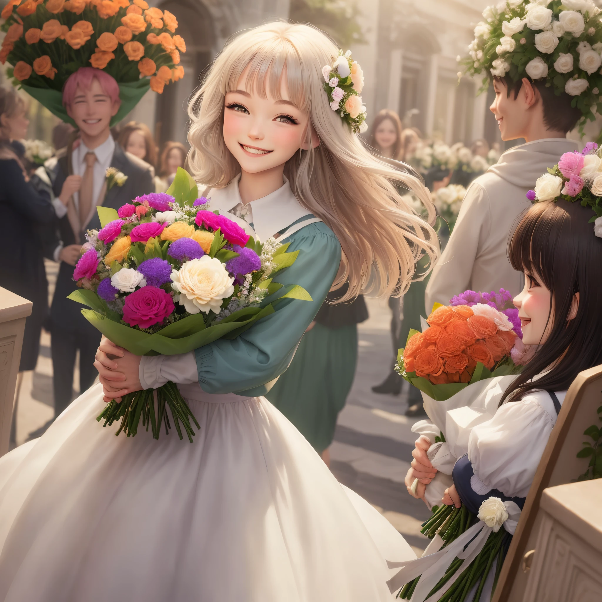 Smiling bobbed hair holding a bouquet of flowers