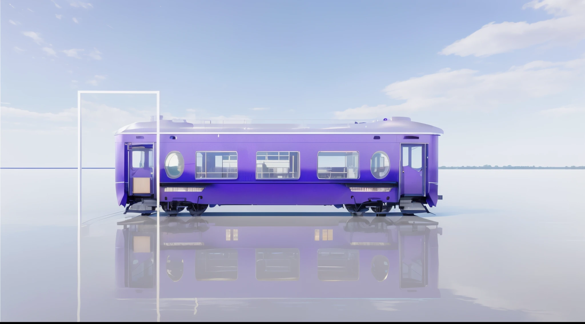 Purple carriage reflected in water and sky in background, digital rendering of karlkka, unsplash, concept-art, Locomotive style, transportation design render,, Depicted as a 3D rendering, rendering of the windigo, 2022 wide angle exterior, 🕹️ 😎 🔫 🤖 🚬, With 3D rendering