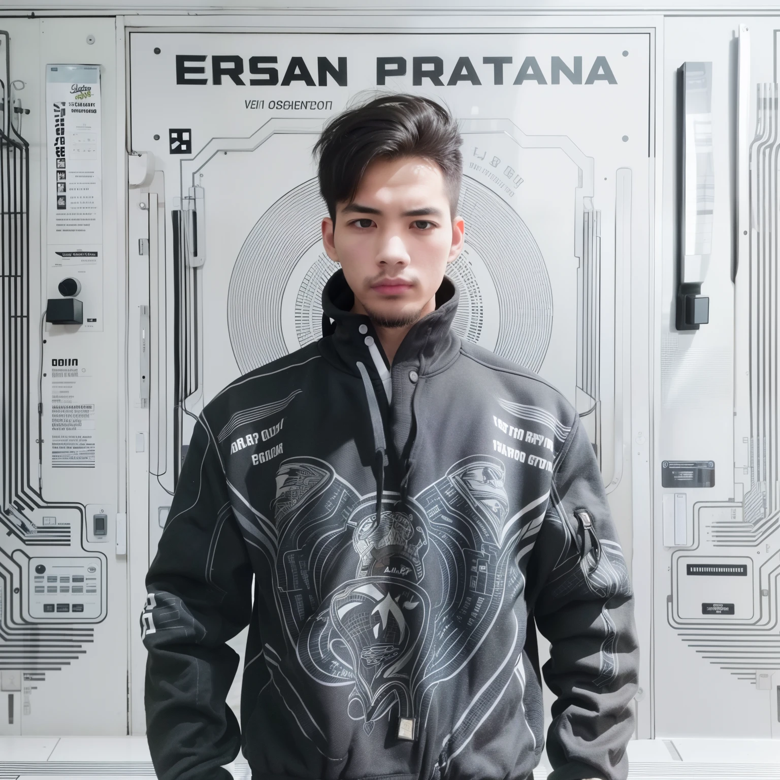 Handsome face, man, Mullets hair, wearing jacket hoody, black nail polish, calm expression