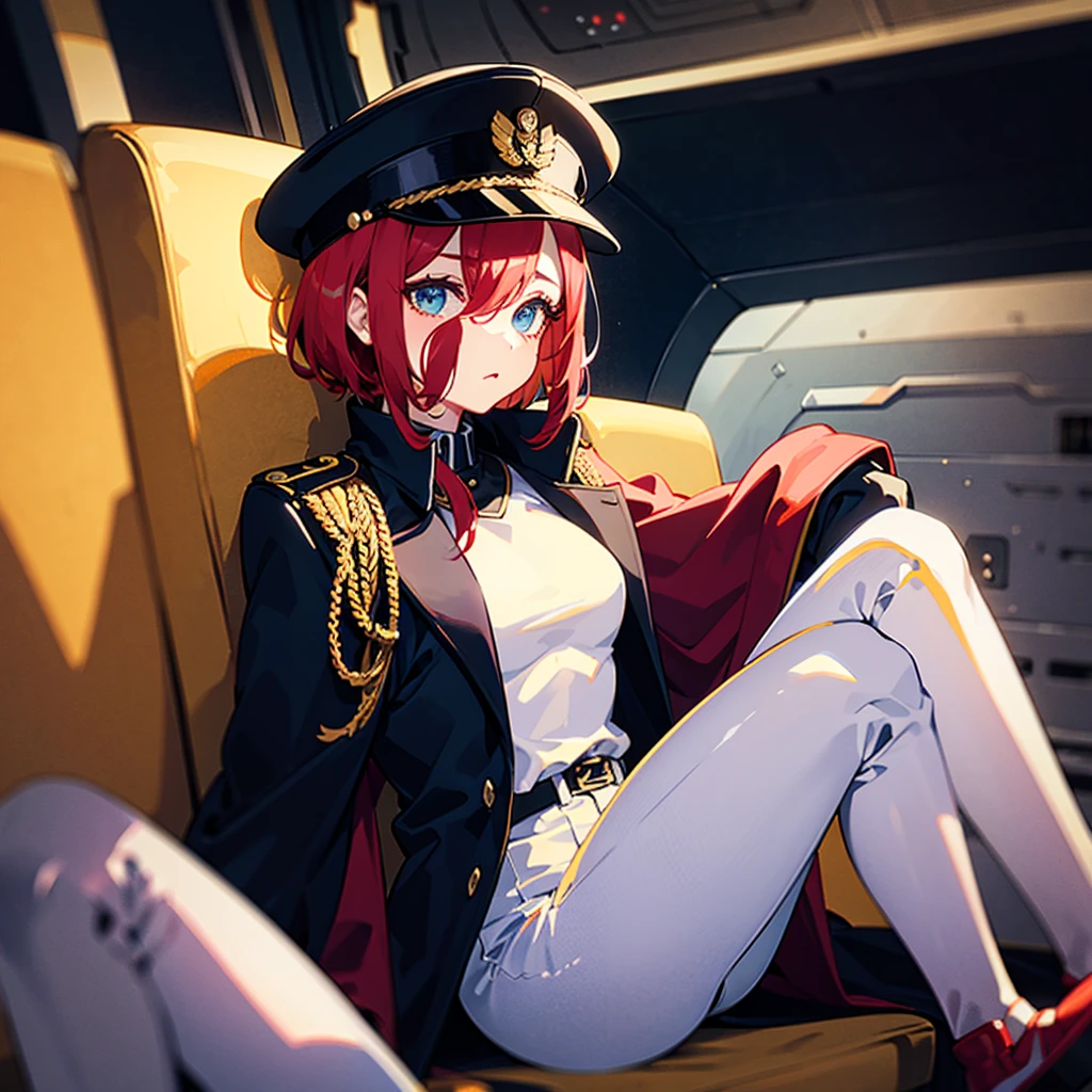 (((masterpiece)))、(((Top image quality)))、(((top-quality)))、(((Illustration of one woman)))、full bodyesbian、Red-haired shorthair、(Thin hair hanging down both sides of the face)、Blue eyes、(((neuter)))、(30-years old)、((Tall))、(((Muscular and strong body)))、(((Muscular and strong body)))、((muscular and thick arms))、((muscular and thick legs))、(((manspreading)))、opening legs、((Military uniforms))、((Military Cap))、((Military coat))、(white clothes)、(White pants)、(White cap)、trench coat、((Inside the spaceship、Sitting in the captain's seat))