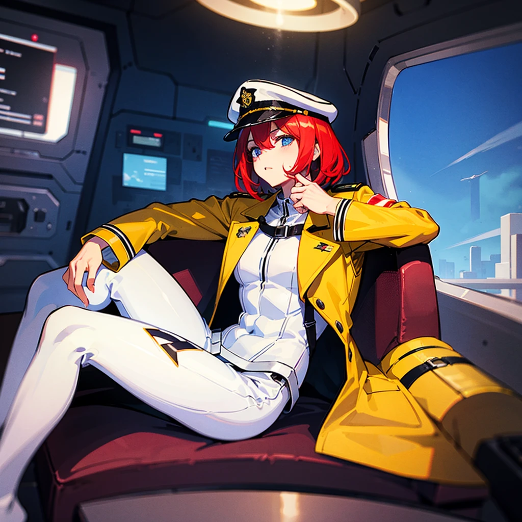 （（（​masterpiece）））、（（（Top image quality）））、（（（top-quality）））、（（（Illustration of one woman）））、full bodyesbian、Red-haired shorthair、（Thin hair hanging down both sides of the face）、Blue eyes、（（（neuter）））、（30-years old）、（（Tall））、（（（Muscular and strong body）））、（（（Muscular and strong body）））、（（muscular and thick arms））、（（muscular and thick legs））、（（（manspreading）））、opening legs、（（Military uniforms））、（（Military Cap））、（（Military coat））、（white  clothes）、（White pants）、（White cap）、trench coat、（（Inside the spaceship、Sitting in the captain's seat））