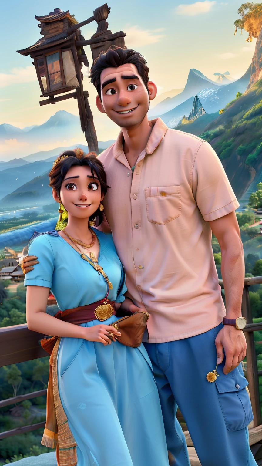 arafed man and woman standing on a bridge with a view of the mountains, lovely couple, with mountains in the background, vacation photo, jayison devadas, with mountains in background, hills in the background, mountains in the background, ghutra and egal, jungles in the background, photo taken in 2 0 2 0, mountain in the background