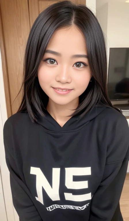 (Best Quality, in 8K, 32K, masutepiece, nffsw:1.3), Pottery muscle,Black skin,Healthy,21-year-old female,Long black hair: 1.1, (Upper and lower sweatshirts,parka: 1.1),  Photography Studio, Ultra-detailed face,  Detailed eyes, 二重まぶた,big and impressive eyes,Strong eyes,solid high nose,Chiseled face,rigor,Proud expression,bullish,provocation,Confident home,smart,Wild,Mujaki,a smile,a cool