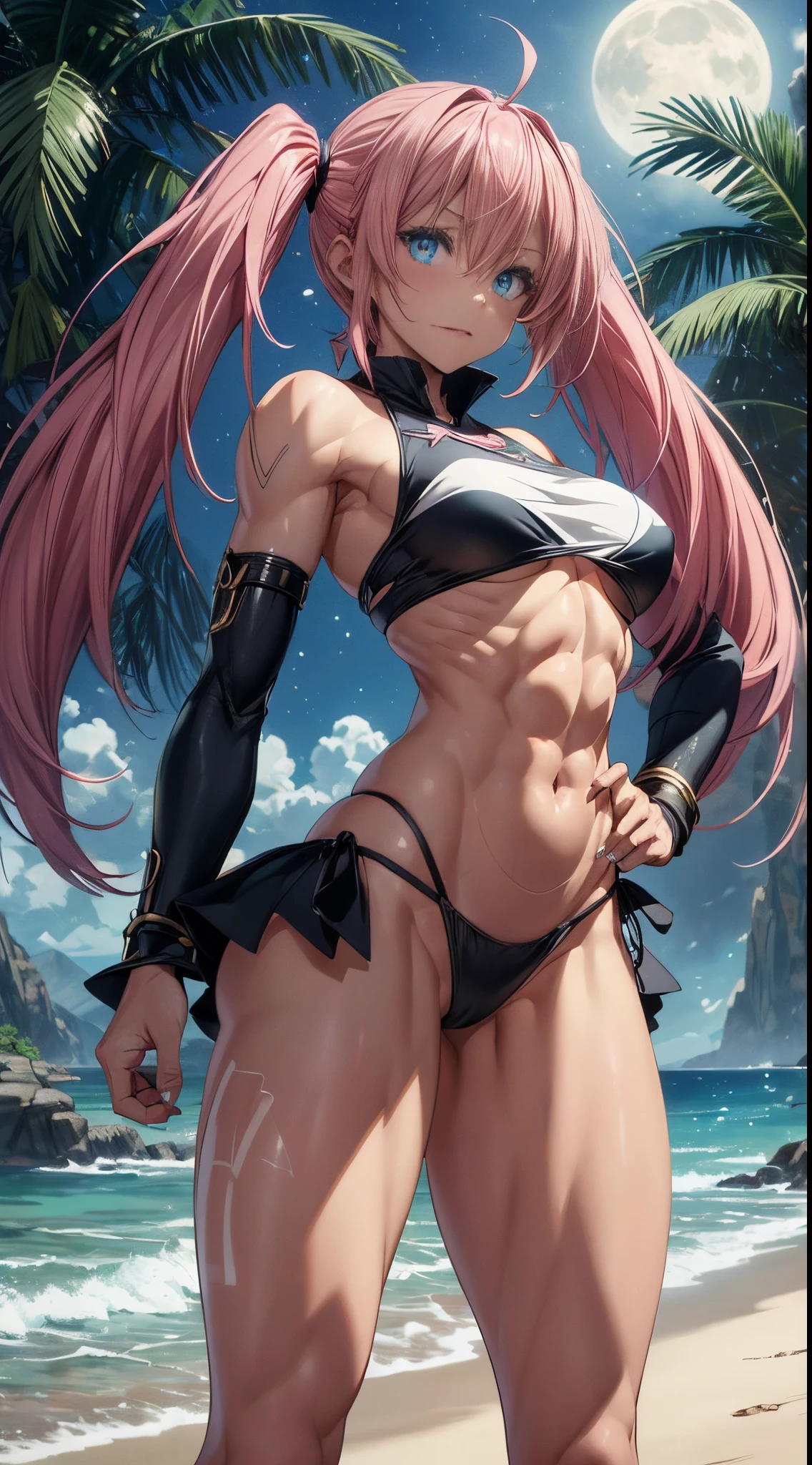 1 girl, (medium breasts))), (((wearing short bikini))), (long pink hair), (((blue eyes))), slim arms, (on the beach at night with starry sky and full moon blood), (slim waist), (((muscular legs))), muscular belly, bare feet, (((showing her big ass to me))), (full body photo), (twintails), long eyes, eye flare, bad mood, anime, anime style, ray tracing, glare, drop shadow, panorama, Sony FE, 8k, UDisk, masterpiece, accurate, anatomically correct, Super Detail, best quality, ultra high resolution, UDisk hard, 16k