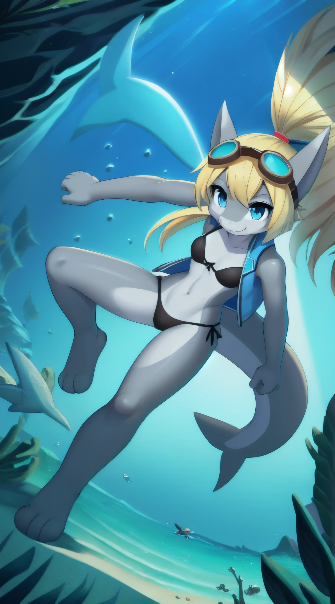 Shark girl, anthro, young, cute hair, long ponytail, blonde hair, blue eyes, medium breasts, detailed body, furry ears, shark nose, ((blue vest)), open clothes, black bikini, masterpiece, looking at you, two tone body skin, gray body skin, clear gray body skin, detailed face, detailed eyes, detailed body, perfect lighting, perfect shadows, perfect eyes, perfect hair, perfect face, gorgeous body, ocean, underwater, detailed hands, glistering body, shiny body, skinny, spectacular effect, goggles, fangs, sassy face, :3, full body, feets whit three toes, Atlantis, trident, holding a trident, action stance,