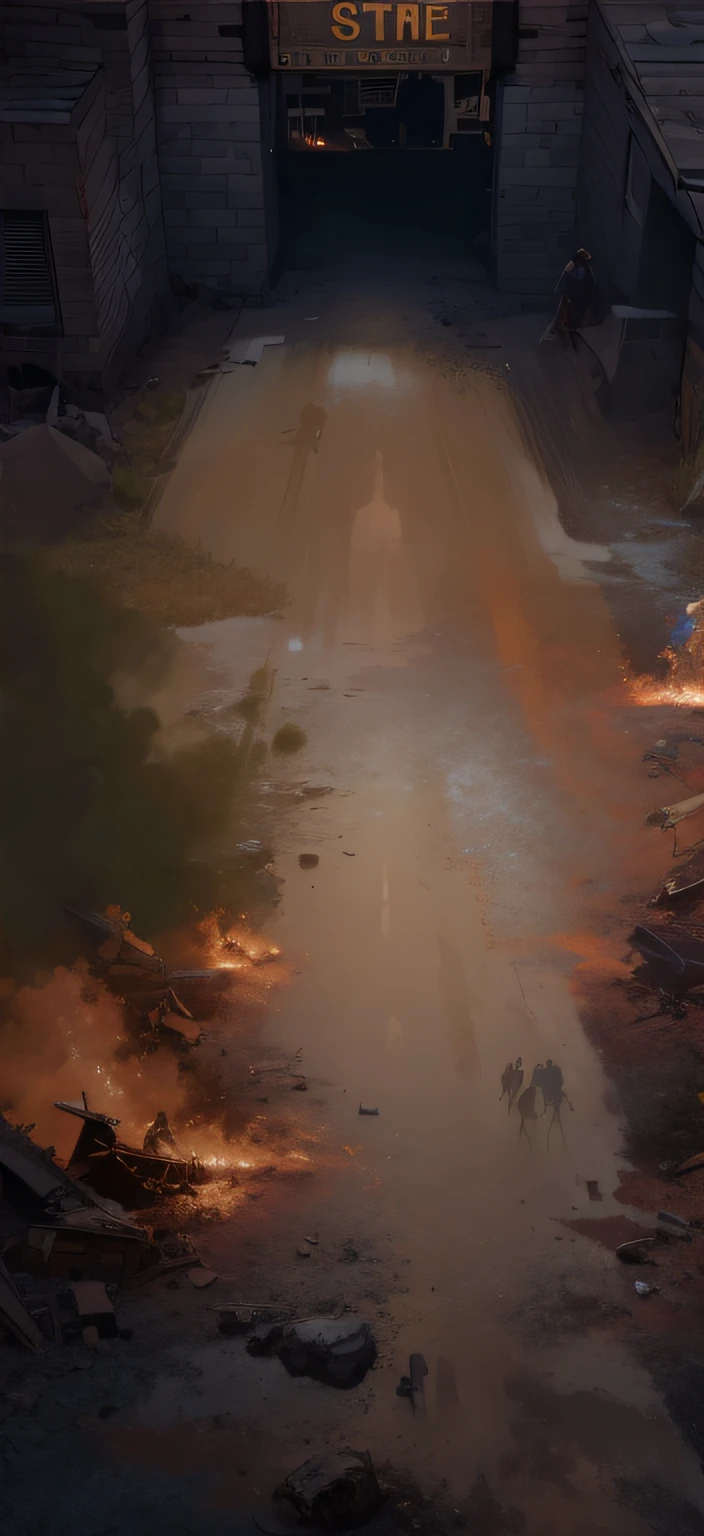 The end of the world,The zombie wave is coming,The action scenes are rich,Realistic and ultra-detailed war scenes,burning battlefield background, rim-light,isometry,down view,down view,high-angle,Large area surreal,Realistic 3D game art, 45 degree lock viewing angle,painted in high resolution, hard light digital painting, concept art oil painting, Cinematic Painting