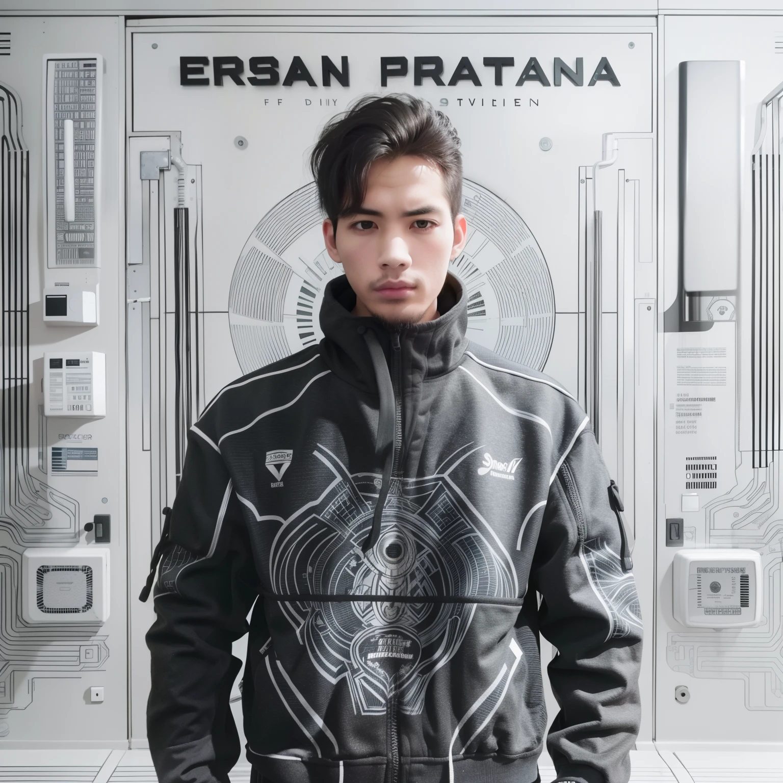 Handsome face, man, Mullets hair, wearing jacket hoody, black nail polish, calm expression