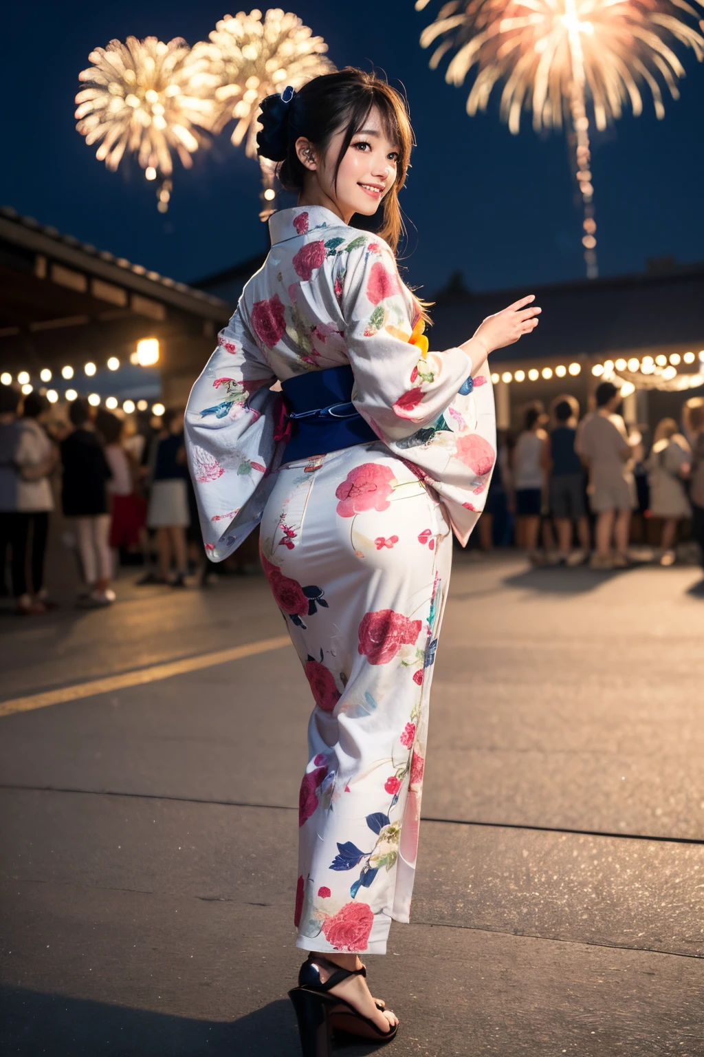 ulzzang -6500-v1.1, (Raw photo:1.2), (Photorealsitic), (Real:1.4), Crisp focus, (Beautiful woman with perfect figure), slender, (Hairstyle: ass hole up)), ((Kimono: CALA)), Street: 1.2 Highly detailed face and skin texture Detailed eyes Double eyelids Random posture, (Smile),Super cute Japan person,Super Beautiful Japan Girl, Realistic face, 二重まぶた,Smile, full body photographed、Summer festival , At dusk, firework background.