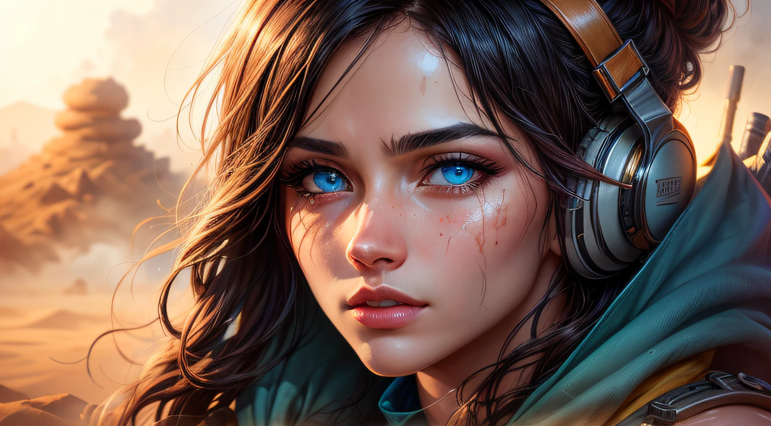 Ultra detailed digital minimalist line watercolor render of a beautiful futuristic female desert nomad, detailed symmetrical beautiful blue eyes, roupas cor de areia/ rosto lindo detalhado, Apocalyptic environment and sandstorm, gotejamento de splatter, estilo de MAD MAX WORLD, estilo de Wadim Kashin, john william waterhouse, Central image of the Luminous Studio graphics engine, DOF, Hora de Ouro, 8k, Soft lighting aesthetics, edge-to-edge print, Volumetric lighting, TanvirTamim, cinemactic, fundo colorido, arte conceitual, dramatic lighting, High detail, altamente detalhado, hyper realistic, octan render, liso, studio lighting, trending on ArtStation