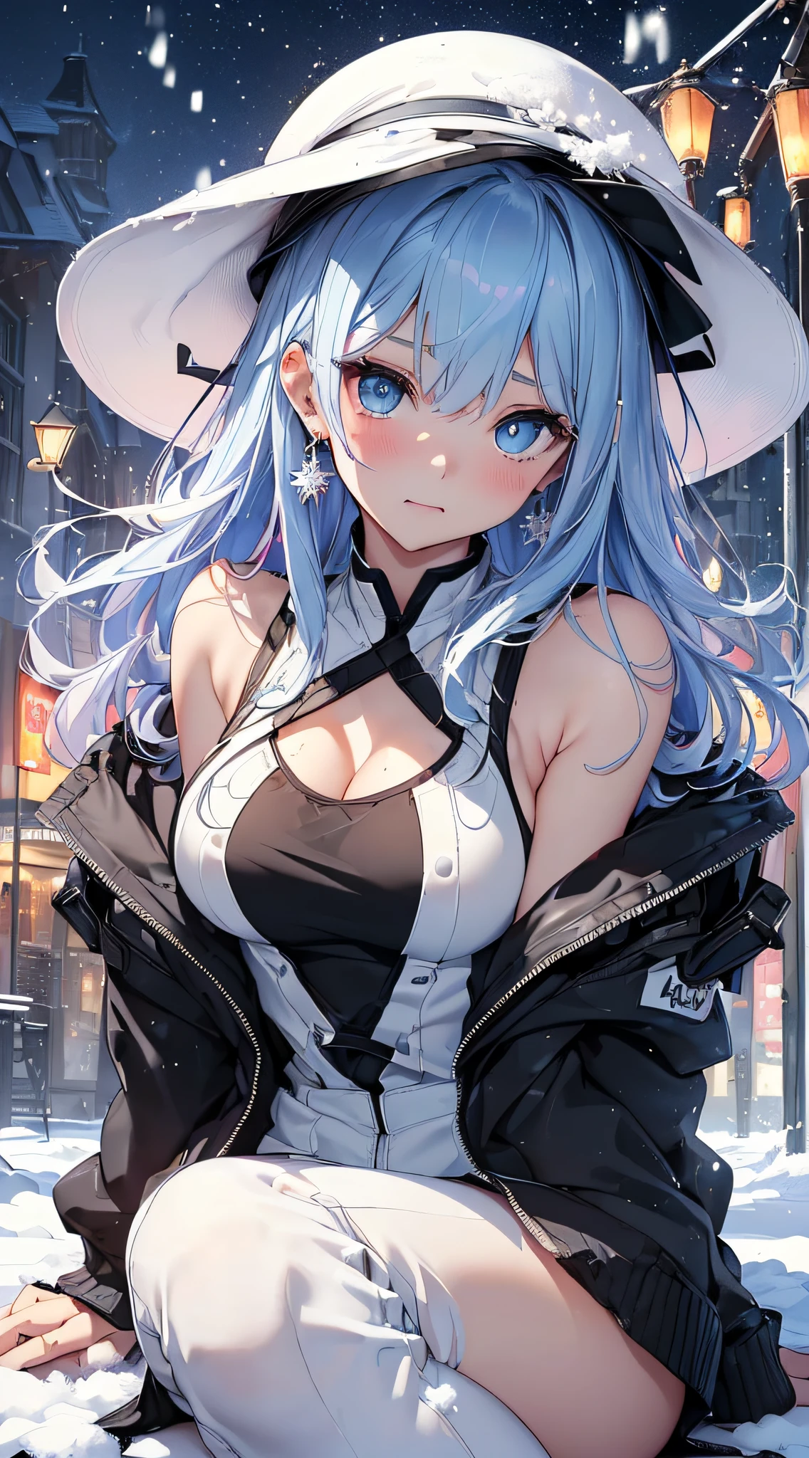 top-quality、Top image quality、masterpiece、girl with((Black jacket、Blue tank top、White trousers、、teen ager、cute lit Bust、big bast,Beautiful light blue eyes、Breasts wide open, a blond、A slender,Large valleys、belligerent movements,military backpack、dye one's cheeks red、shivering、sapphire earrings、Hats、holding lantern、close range、White breath、sit on a bench、Laugh、Holding a gun)),hiquality、Beautiful Art、Background with((Ice Burn City at night、snowflakes falling、Heavy snow falls、snowman、ice tower)))、masutepiece、depth of fields,8K