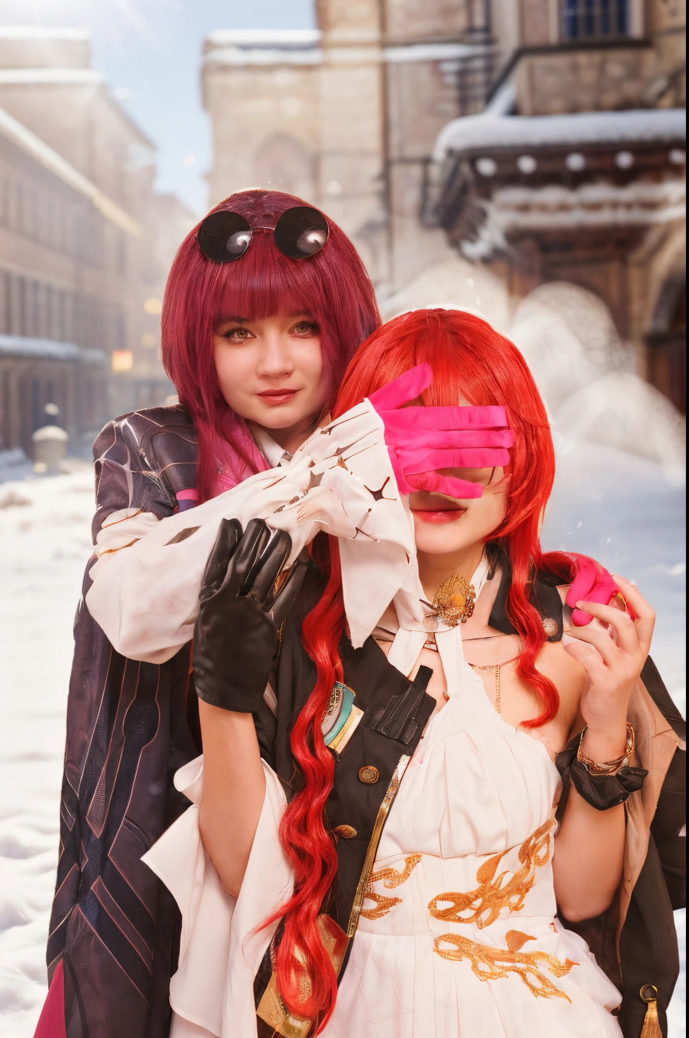 A 8K realistic super quality photo of two young woman standing in a medieval city covered in snow. The photo is taken in the morning, and the sun is shining through the clouds, casting a soft glow over the city. The woman is wearing a long, flowing dress, and her hair is blowing in the wind. She is smiling and looking at the camera, (ultra quality), 8K, realistic hair, smooth hair