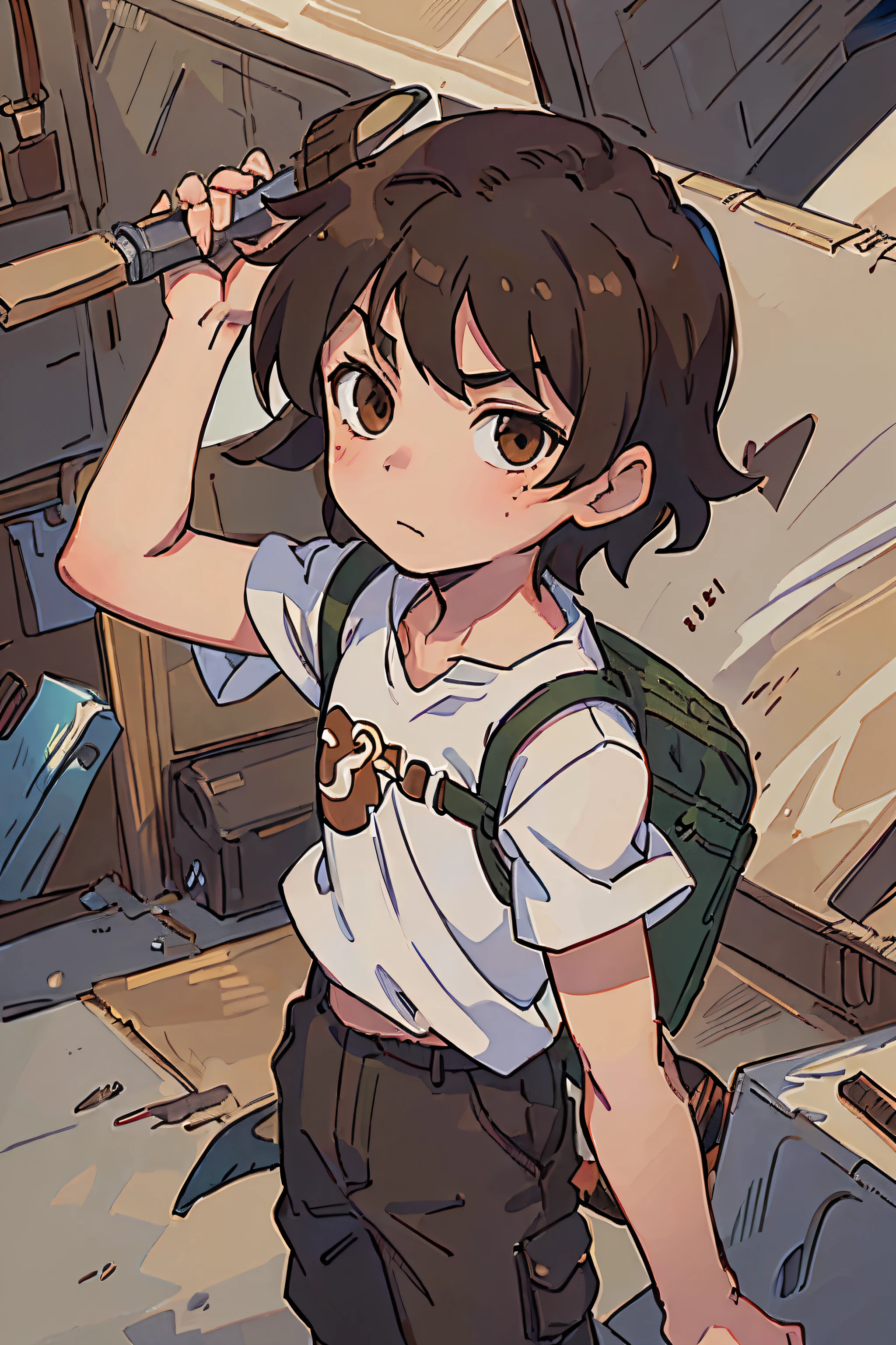 Criar uma imagem, estilo anime, de um de 10 anos com cabelo castanho escuro curto e olhos castanhos. corajoso e aventureiro.