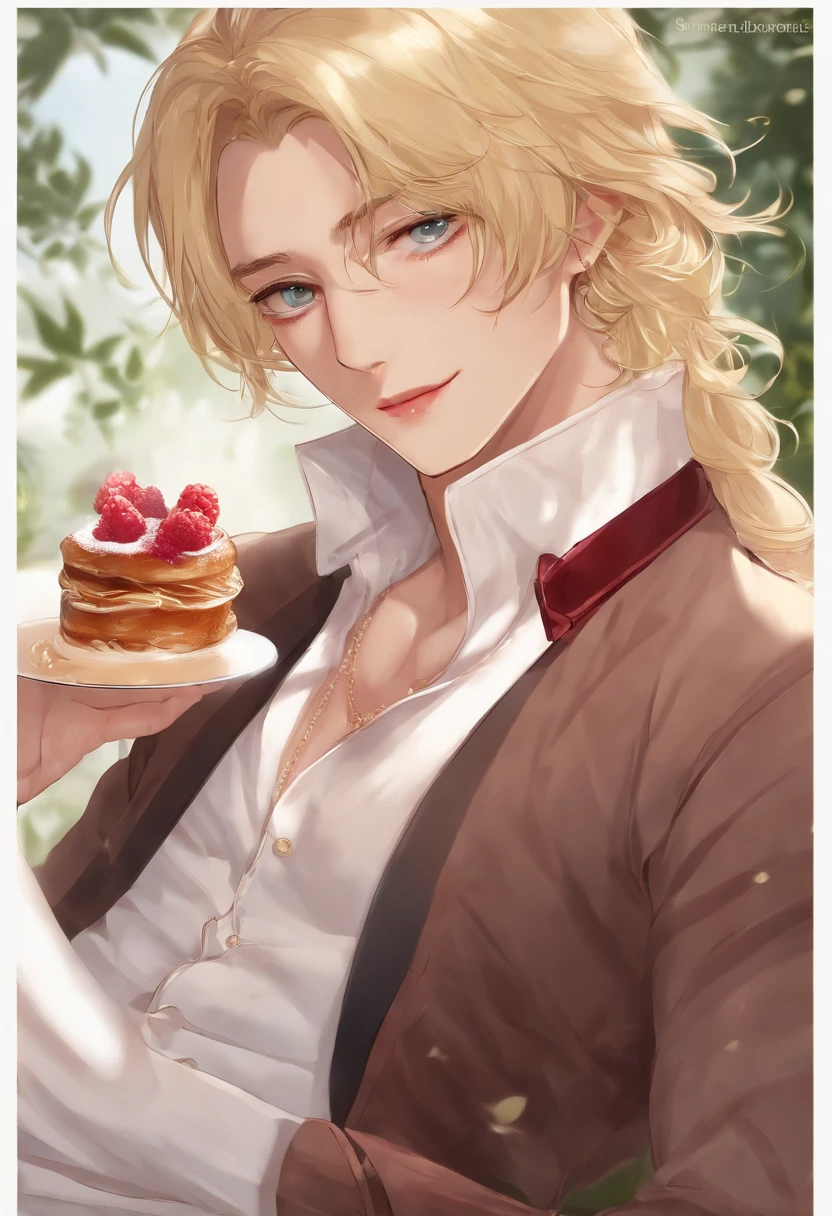 The image is of Ominis Gaunt sitting at a cozy café table, enjoying a delightful slice of raspberry mille-feuille, and savoring the layers of flaky pastry and sweet cream.,original,Ominis is of average height and quite thin. His skin is very pale but he has a beauty marks. His hair is blonde and swept back. He is blind and his eyes are milky from his blindness. , male