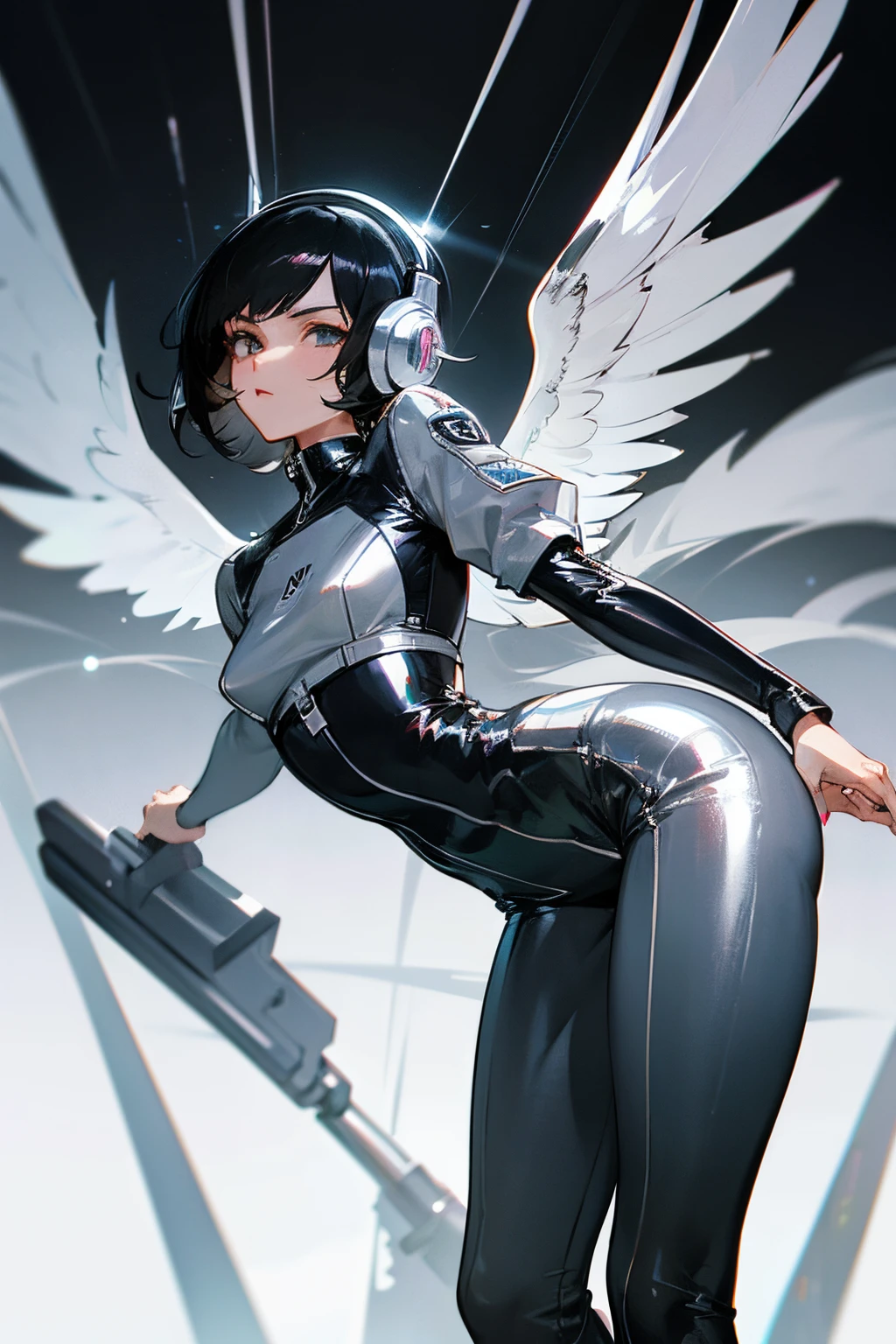 skistyle, 1girl, solo, wings, breasts, looking at viewer, facial mark, skin tight, weapon, sky, thigh gap, black hair, holding, bodysuit, short hair, brown eyes, debris, parted lips, covered navel, mechanical wings, day, cyborg, backlighting, cowboy shot, lips, cloud, feathered wings, black bodysuit, mechanical arms, outdoors