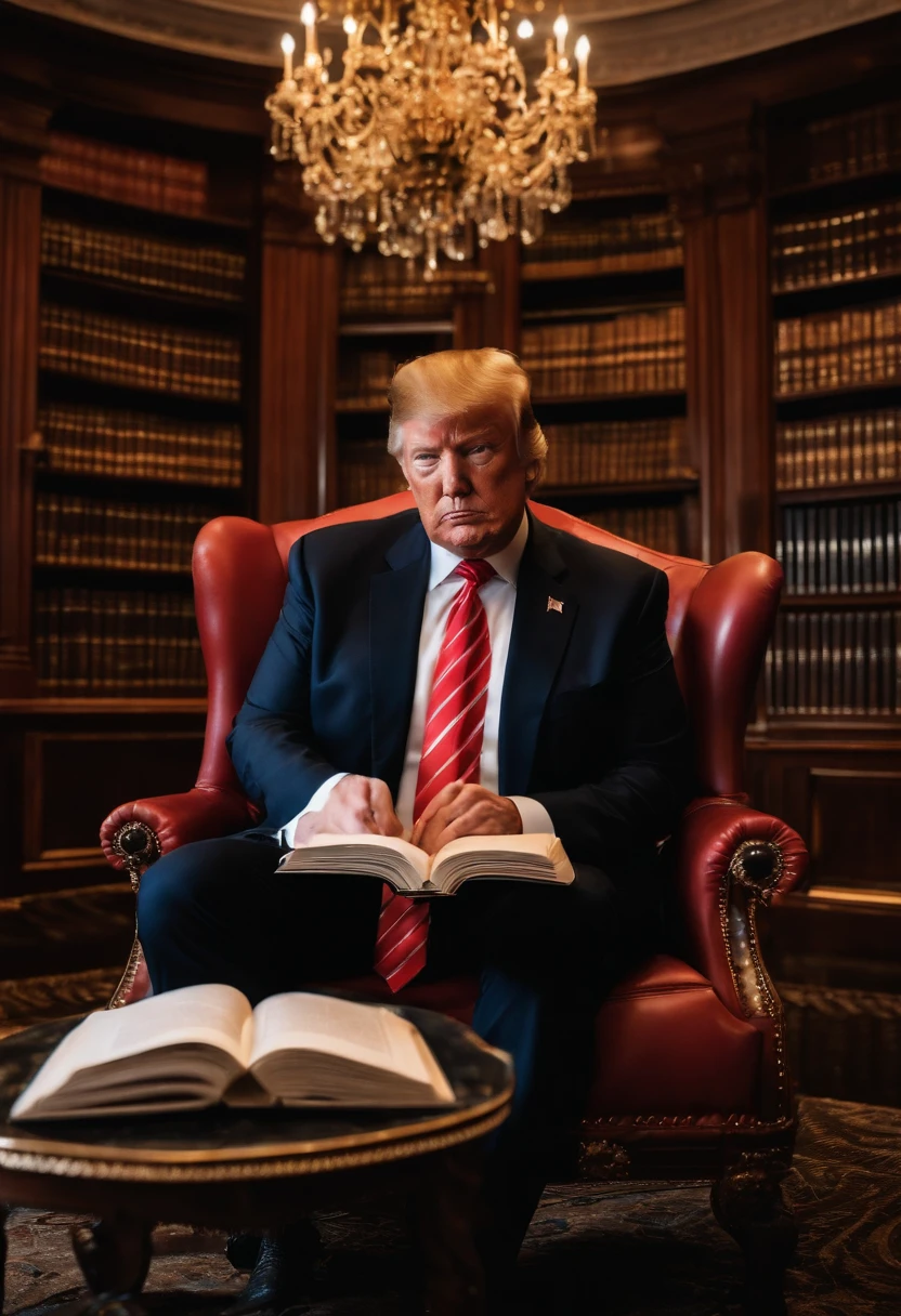 A photo of the user reading 'The Art of the Deal' in a luxurious private library,original,Donald Trump is looking crazy good, handsome ass bro, always in a black car. Has drip. Diamond chains. Gold crown., male