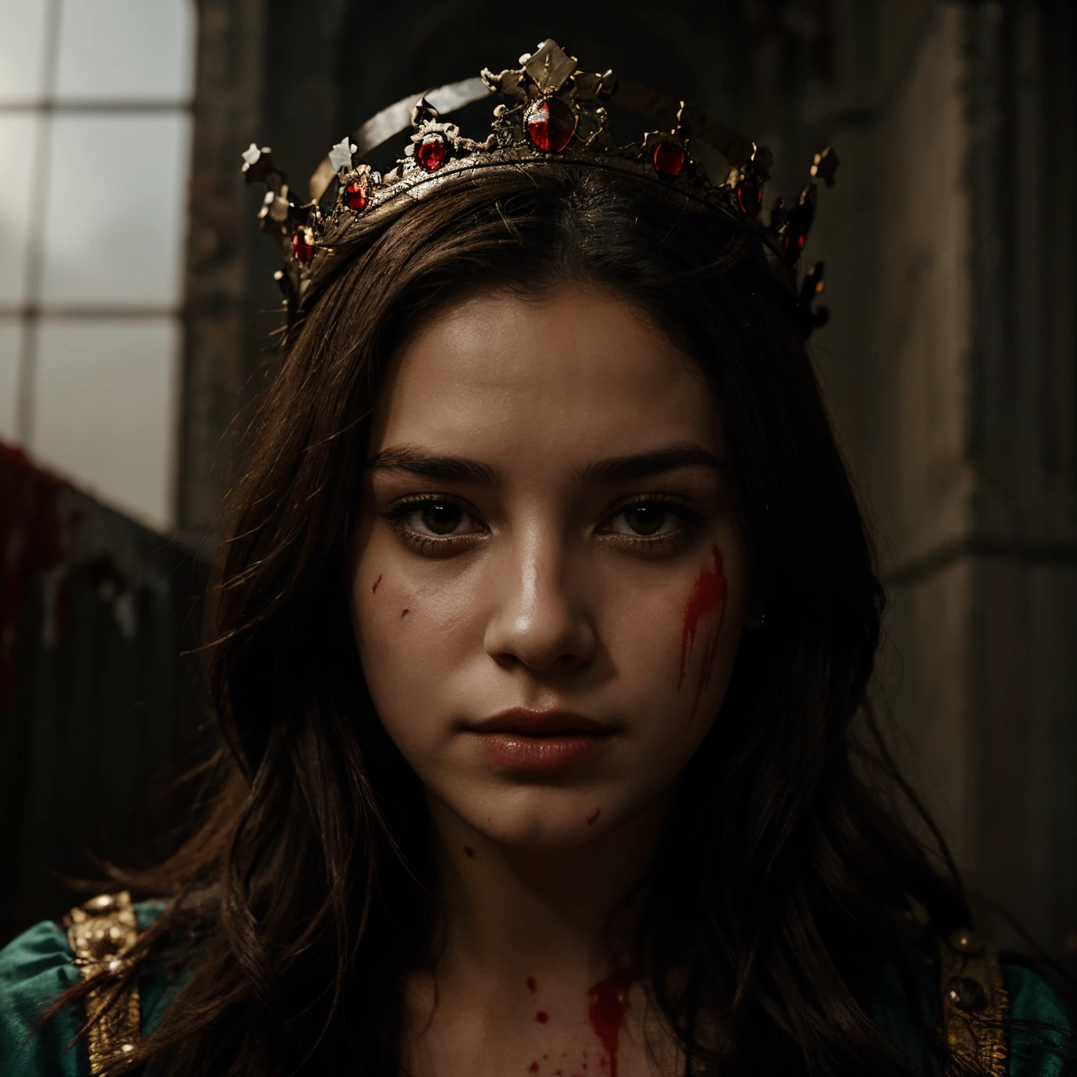 Young queen covered in blood has a crown on her head, atmosphere of fear