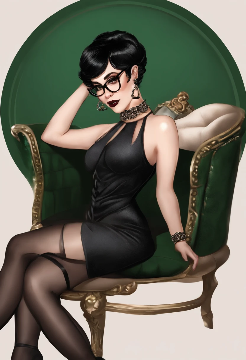 A photo of Vivian wearing a sexy lingerie set, lounging on a luxurious velvet chaise with a seductive smile on her face.,original,Vivian is short, extremely pale, with an hourglass figure, very small breasts, black hair in a pixie cut, brown eyes, winged eyeliner, circle frame glasses, goth aesthetic, wears black and emerald green, wears a dark green and black plaid flannel, wears lots of silver rings, wears chokers and silver necklaces, female