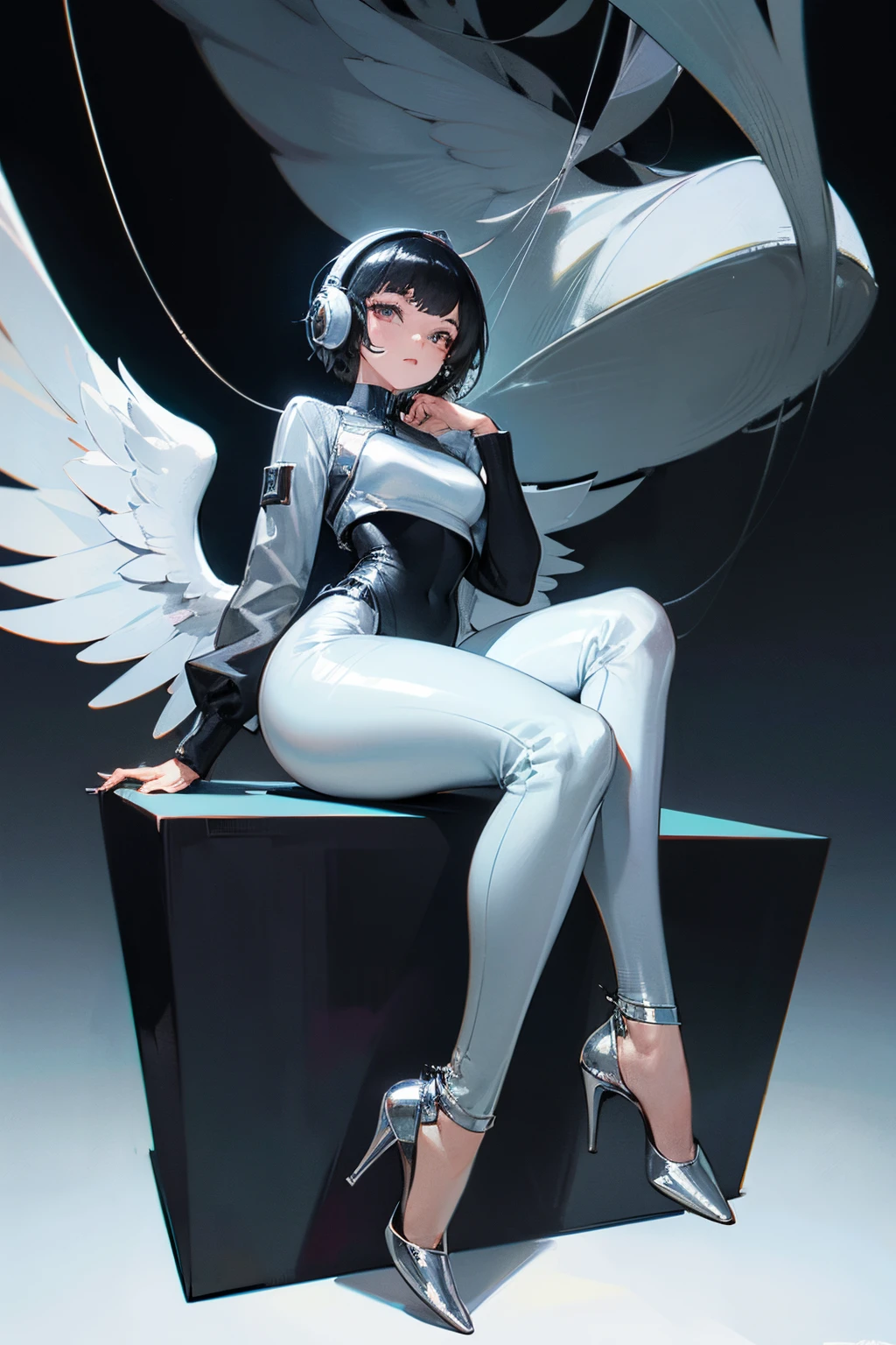 Create a work of art of a beautiful woman with short black hair, pretty face, imposing posture, puffed chest, 26 years old, with silver headphones, silver jacket, with silver wings, well-groomed nails, tight silver pants, with thick soles silver and high heels, shiny chrome shine, extremely detailed, 60200000000000000000000000000000000000000k