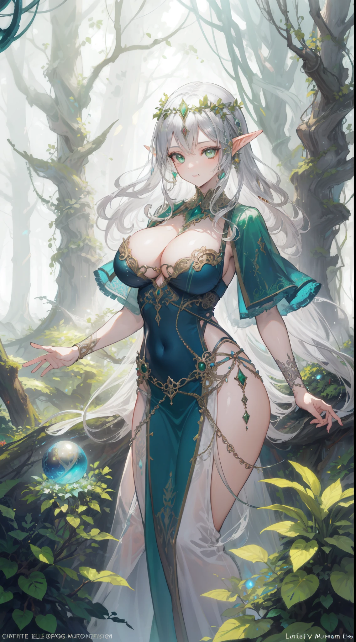 "Exceptional craftsmanship, unparalleled visual enchantment, elven maiden of ((235 years old, Enchanting Elven Attire, Ethereal Presence, big breast, Silver hair, Cascading waves, Emerald eyes, Graceful aura, Elegance, Silver circlet, Delicate hands, Radiant smile, Standing in a mystical forest)) highquality, Elven Fantasy Photography, Setting with((Enchanted woodland glade)), Dimension(Ancient tree roots, Glowing magical orbs, Ethereal mist)masterpiece, ethereal grace, intricate elven detailing, enchanting finesse, by Luis royo, By Artgerm, by Yusuke Murata, mucha