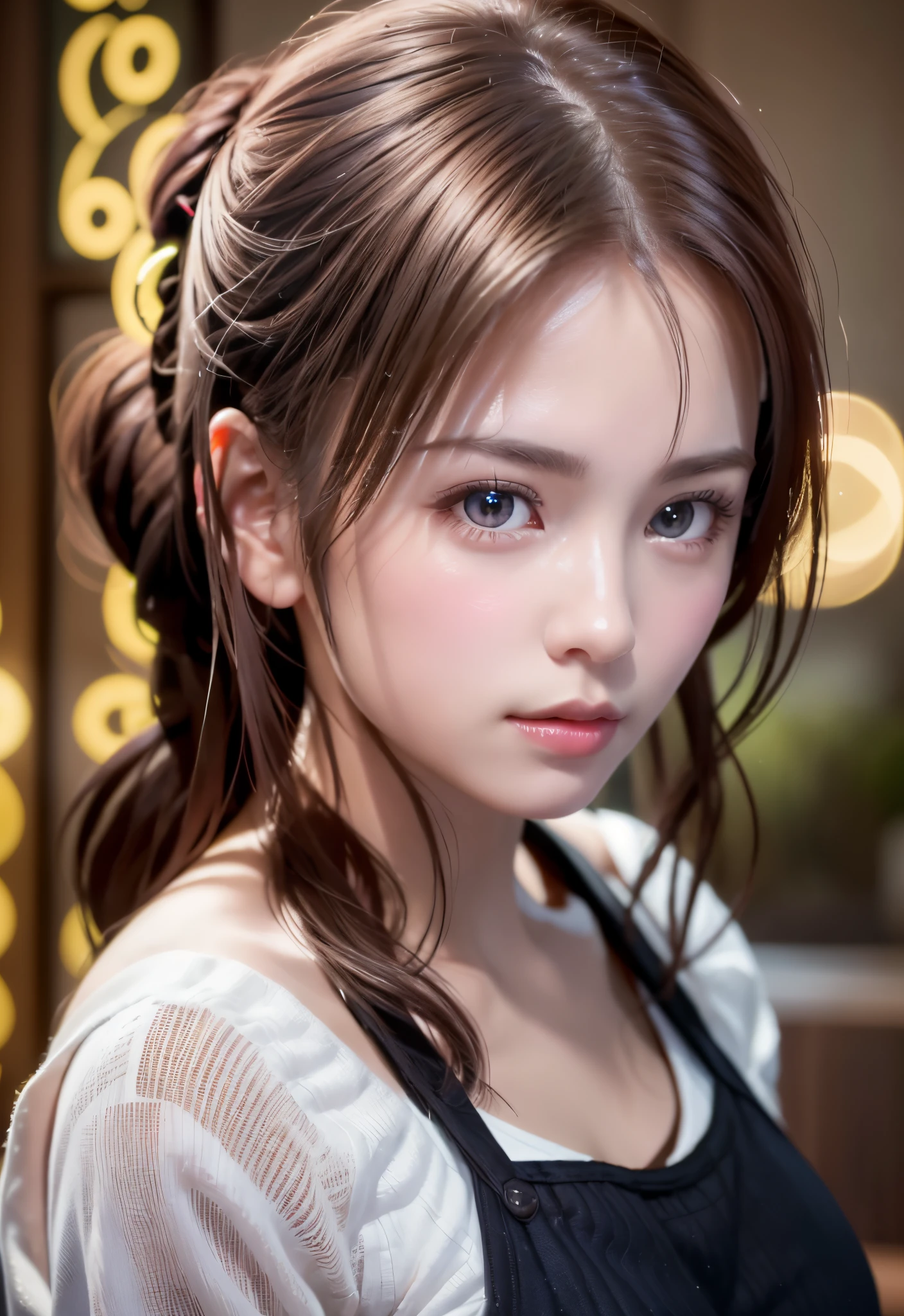 8K, of the highest quality, masutepiece:1.2), (Realistic, Photorealsitic:1.37), of the highest quality, masutepiece, Beautiful young woman, Pensive expression, Gentle eyes, Apron naked、full of shyness、Hair tied back, Messy mood, Cinematic background,  Light skin tone
