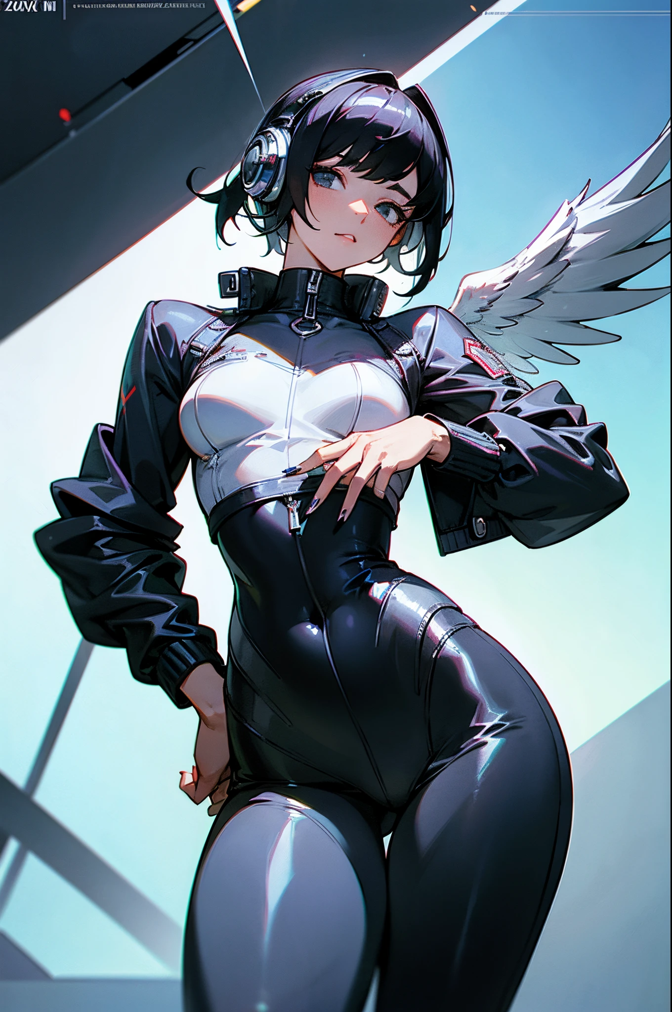 Create a work of art of a beautiful woman with short black hair, pretty face, imposing posture, puffed chest, 26 years old, with silver headphones, silver jacket, with silver wings, well-groomed nails, tight silver pants, with thick soles silver and high heels, shiny chrome shine, extremely detailed, 60200000000000000000000000000000000000000k