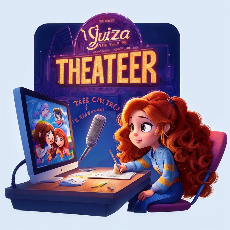 a cartoon girl sitting at a desk with a microphone and a computer, cartoon style illustration, teatro, Fanart oficial, [ Teatral ], character design contest winner, More detailed illustration, official illustration of the character, stylized character design, Teatral!, Whoa, Arte promocional, movie poster character, official illustration, Full color illustration, Arte de juego estilizado, animated movie