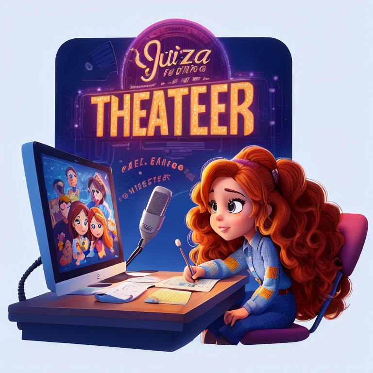 a cartoon girl sitting at a desk with a microphone and a computer, cartoon style illustration, teatro, Fanart oficial, [ Teatral ], character design contest winner, More detailed illustration, official illustration of the character, stylized character design, Teatral!, Whoa, Arte promocional, movie poster character, official illustration, Full color illustration, Arte de juego estilizado, animated movie