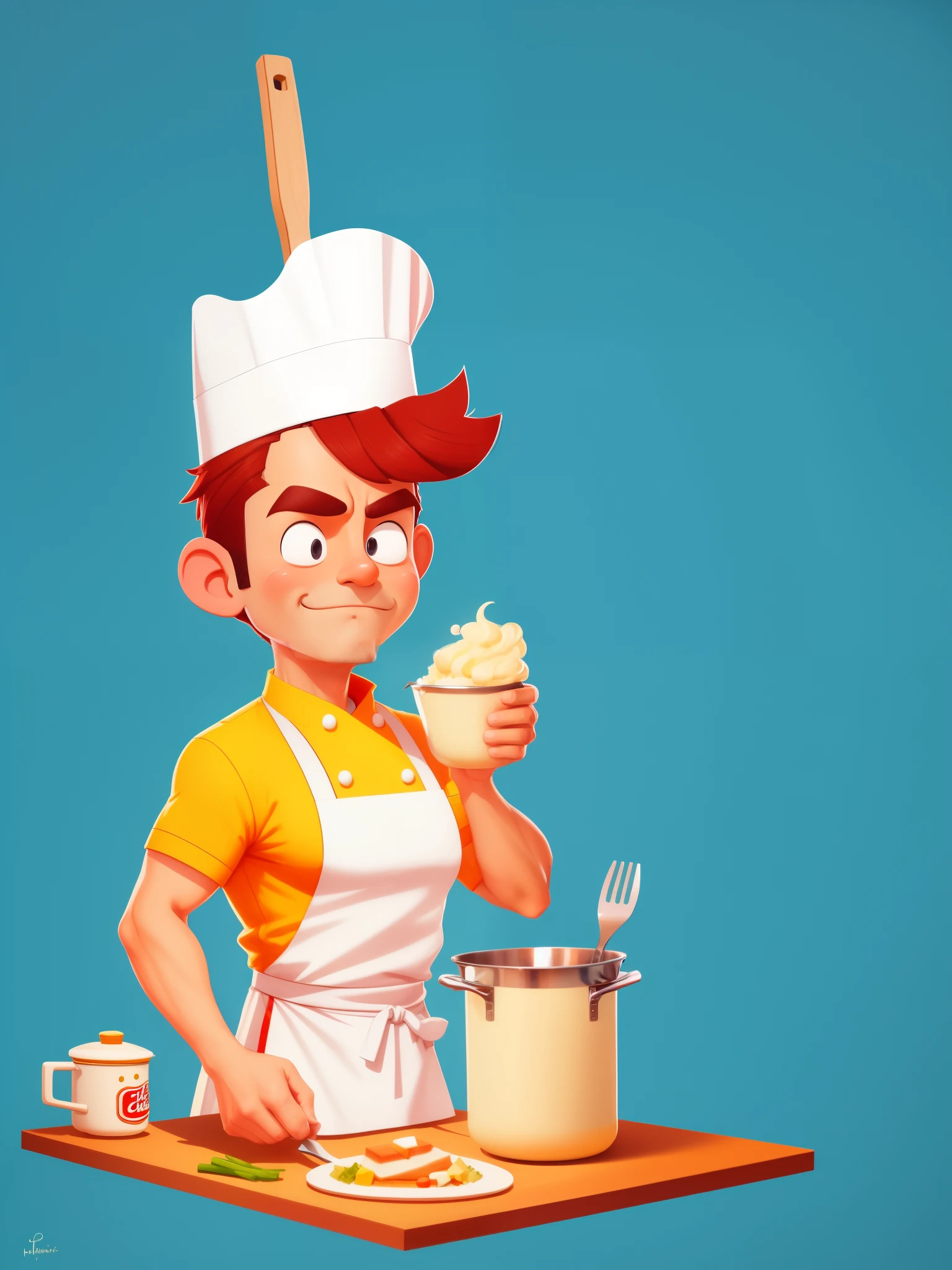 (A man wearing a chef's uniform, cartoon character),illustratio,homemade cooking,Detailed kitchen background,Utensils and ingredients,Delicious aroma,HighDynamicRange,sportrait,Colorful,gentlesoftlighting