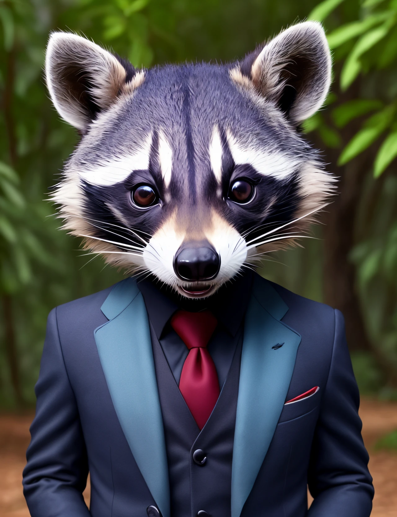 A raccoon with a human body, wearing a fancy suit, he is in a cute and funny expression, 8k