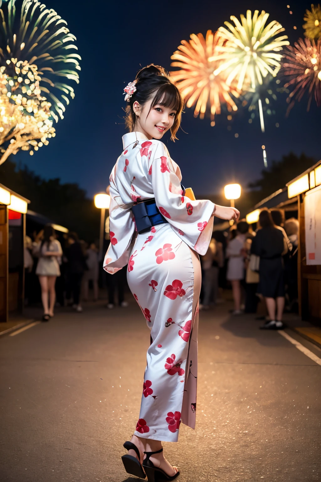 ulzzang -6500-v1.1, (Raw photo:1.2), (Photorealsitic), (Real:1.4), Crisp focus, (Beautiful woman with perfect figure), slender, (Hairstyle:ass hole up)), ((Kimono: CALA)), Street: 1.2 Highly detailed face and skin texture Detailed eyes Double eyelids Random posture, (Smile),Super cute Japan person,Super Beautiful Japan Girl, Realistic face, 二重まぶた,Smile, full body photographed、Summer festival , in night, firework background.