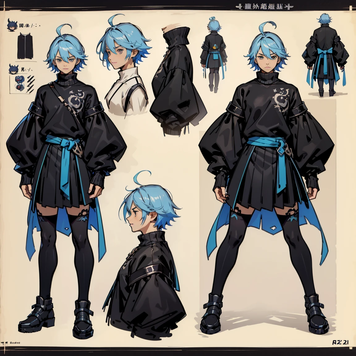 ((character concept art)), ((Character design sheet, same character, front, side)) Video game character design, Rolois,, , 1 FemBoy, ahoge, Bangs, black skirt, black sweater top, blue nails, blurry, closed mouth, long sleeves,