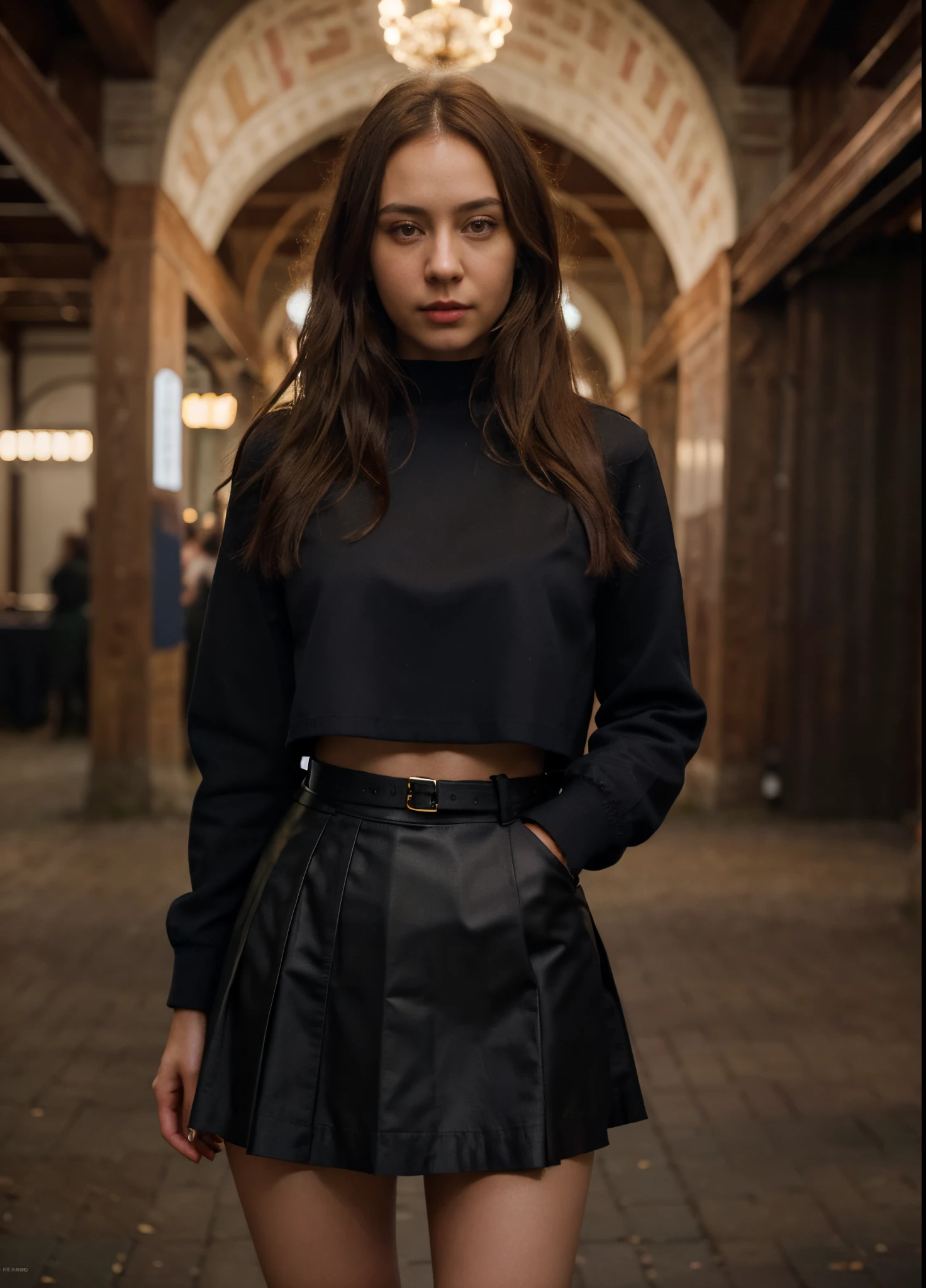 (arafed woman in skirt on dark monochrome backdrop), (fine facial features), Tousled luxuriant hair, Supermodel, High resolution, (Masterpiece, Best Quality, High Quality:1.4), Intricate Details, sharp focus, detailed photograph, photorealistic lighting, trending on pixiv, trending on ArtStation, (soft lighting, vibrant colors:1.05), stylish dress