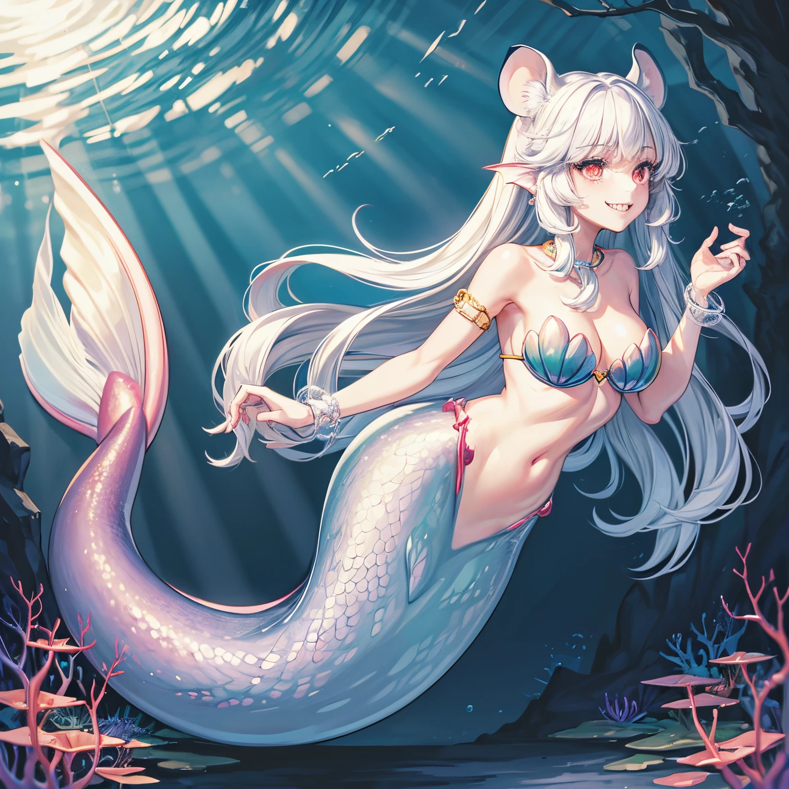 Pretty anthropomorphic mouse girl magically transformed into a mermaid, fantasy, race swap, sharp teeth, is smiling, drawn in anime style, fishlike, very long curly white hair, red eyes, white fur, slim body, whiskers, mouse ears, long mermaid tail below waistline, pelvic and dorsal fins, a pair of fish gills on her torso, seashells bra, pearl earrings and bracelets, pearl necklace, swimming underwater, ocean depth, Highly detailed, masterpiece, high quality, 4K.