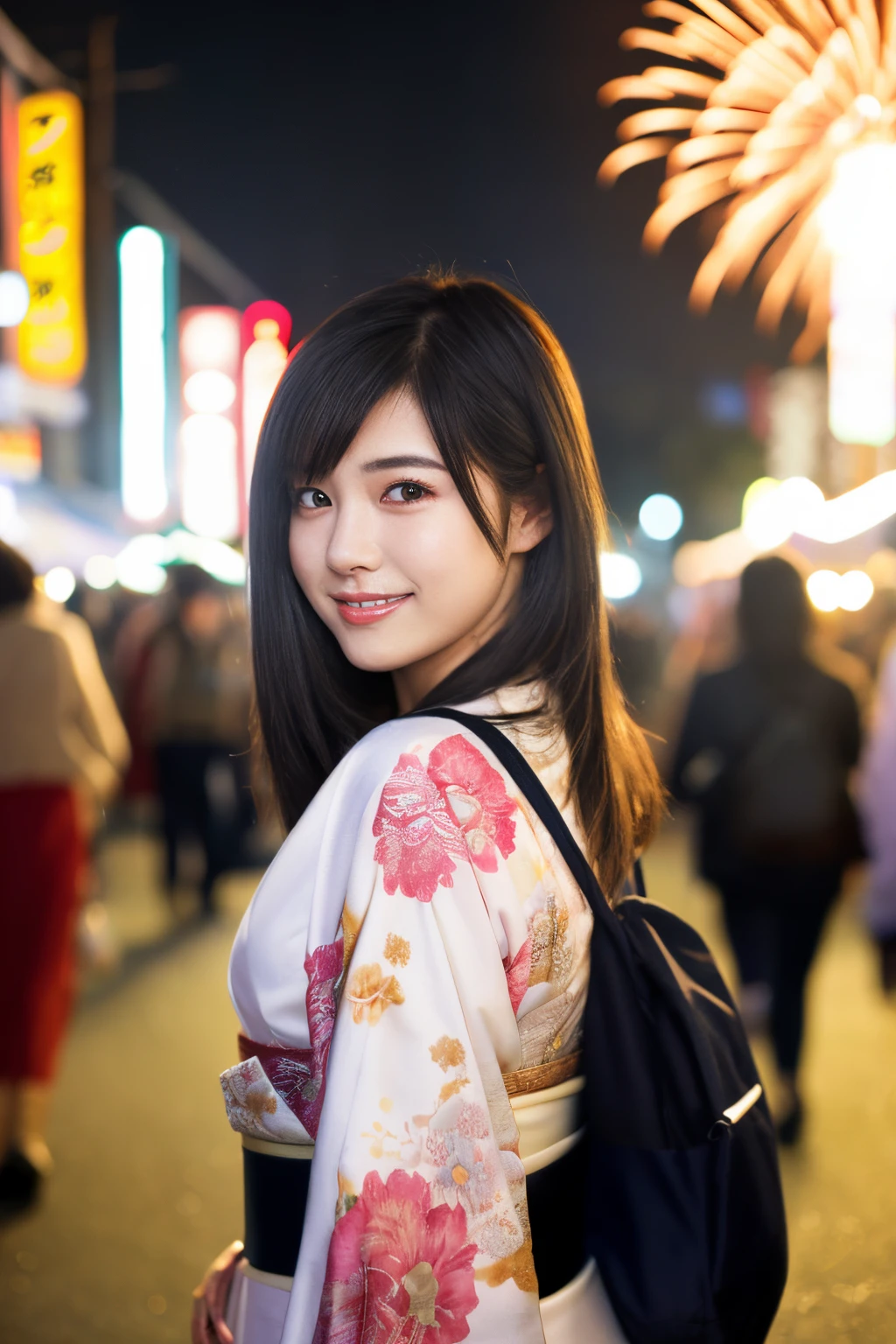 ulzzang -6500-v1.1, (Raw photo:1.2), (Photorealsitic), (Real:1.4), Crisp focus, (Beautiful woman with perfect figure), slender, (Hairstyle: ass hole up)), ((Kimono: CALA)), Street: 1.2 Highly detailed face and skin texture Detailed eyes Double eyelids Random posture, (Smile),Super cute Japan person,Super Beautiful Japan Girl, Realistic face, 二重まぶた,Smile, full body photographed、Summer festival , in night, firework background.