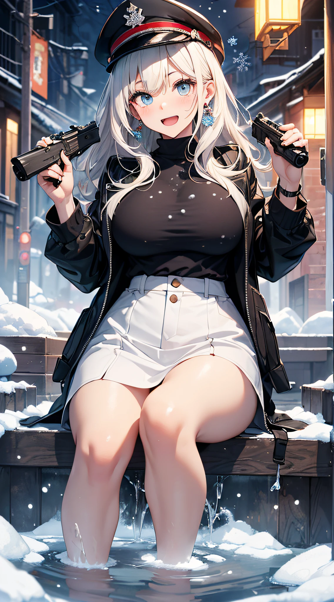 top-quality、Top image quality、​masterpiece、girl with((Black jacket、Blue tank top、White trousers、sixteen years old、teen ager、cute little、Best Bust、big bast,Beautiful light blue eyes、Breasts wide open, a blond、A slender,Large valleys、belligerent movements,military backpack、dye one's cheeks red、shivering、sapphire earrings、Hats、holding lantern、close range、White breath、bare-legged、Laugh、Holding a gun、soaking in the foot bath)),hiquality、Beautiful Art、Background with((Ice Burn City at night、snowflakes falling、Heavy snow falls、snowman、ice tower、footbath)))、masutepiece、depth of fields,8K