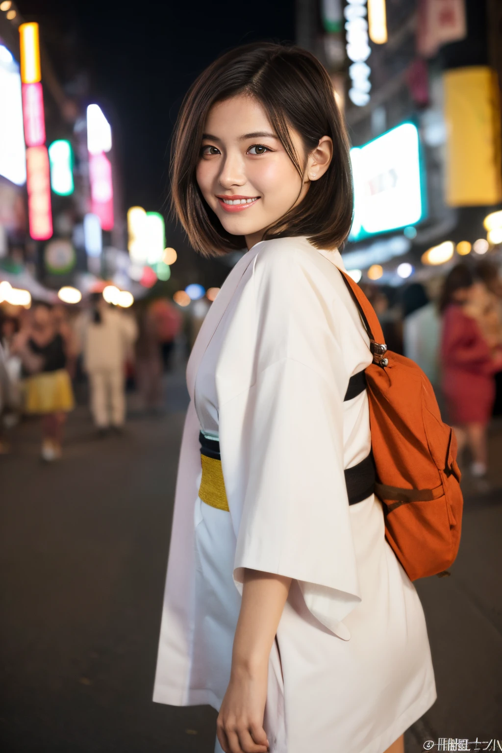 ulzzang -6500-v1.1, (Raw photo:1.2), (Photorealsitic), (Real:1.4), Crisp focus, (Beautiful woman with perfect figure), slender, (Hairstyle: ass hole up)), ((Kimono: CALA)), Street: 1.2 Highly detailed face and skin texture Detailed eyes Double eyelids Random posture, (Smile),Super cute Japan person,Super Beautiful Japan Girl, Realistic face, 二重まぶた,Smile, full body photographed、Summer festival , in night, firework background.