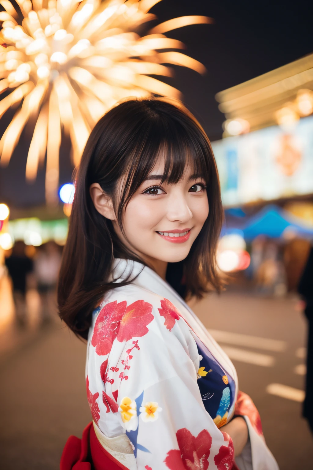 Yukata, fireworks and beautiful girl