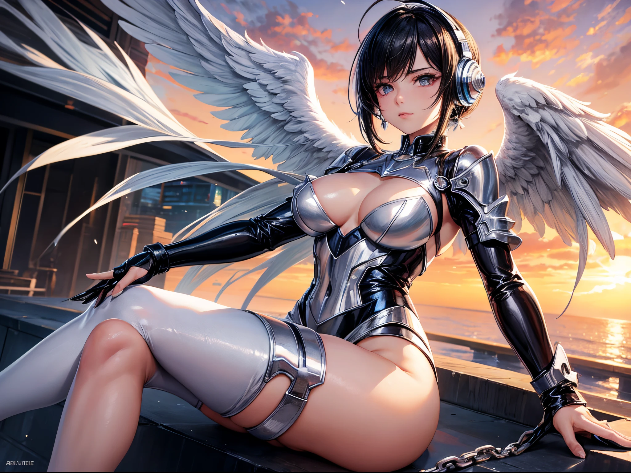 Create a work of art, with the background of a beautiful sunset sky, and in the foreground a beautiful woman with short shoulder-length black hair, pretty face, commanding posture, puffed out chest, 26 years old, with headphones and ears silver, silver jacket, With silver wings, manicured nails, tight silver pants, with thick silver soles and high heels, like an angel, shiny chrome shine, extremely detailed, 6k