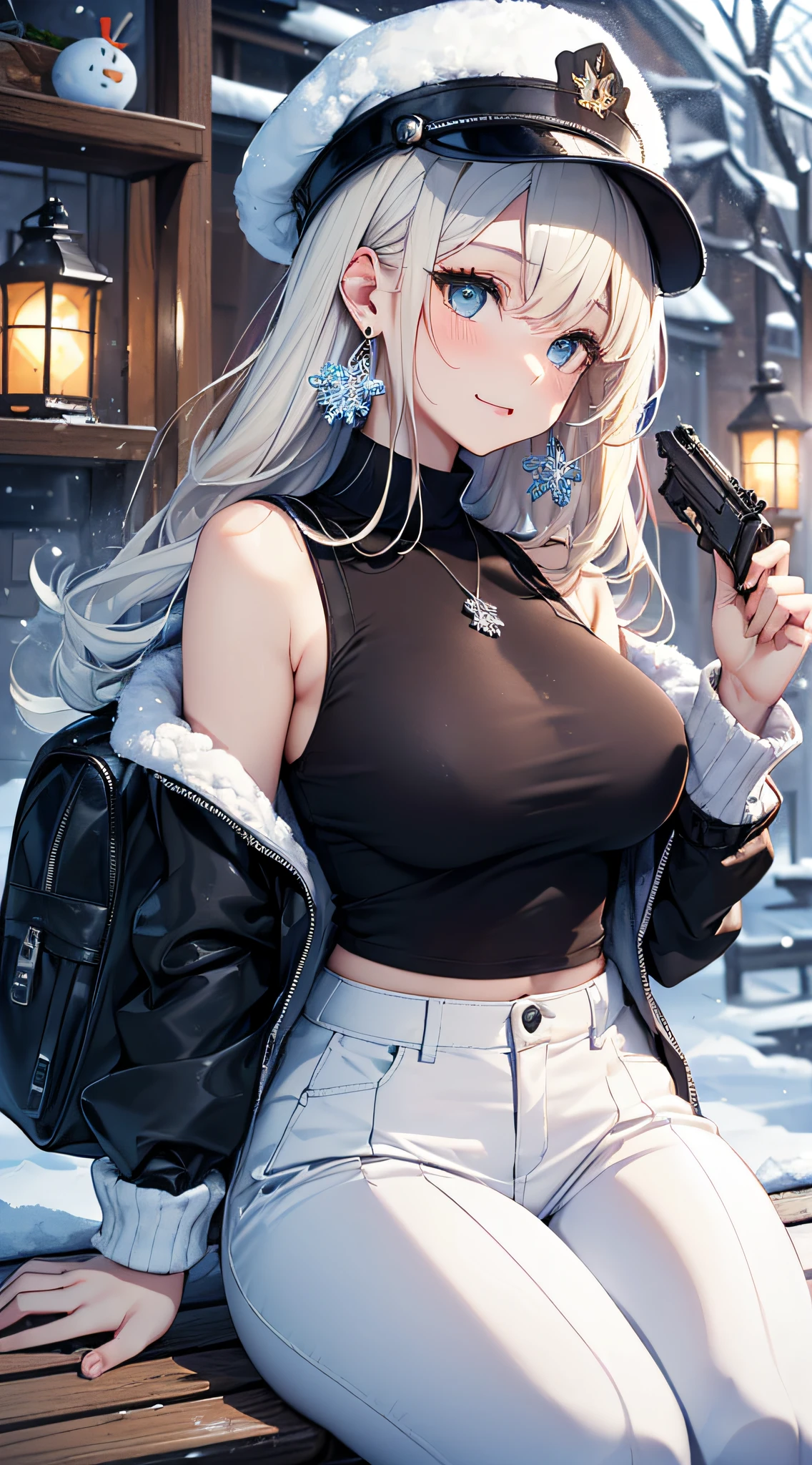 top-quality、Top image quality、masterpiece、girl with((Black jacket、Blue tank top、White trousers、、teen ager、cute lit Bust、big bast,Beautiful light blue eyes、Breasts wide open, a blond、A slender,Large valleys、belligerent movements,military backpack、dye one's cheeks red、shivering、sapphire earrings、Hats、holding lantern、close range、White breath、sit on a bench、Laugh、hold a gun)),hiquality、Beautiful Art、Background with((Ice Burn City at night、snowflakes falling、Heavy snow falls、snowman、ice tower)))、masutepiece、depth of fields,8K