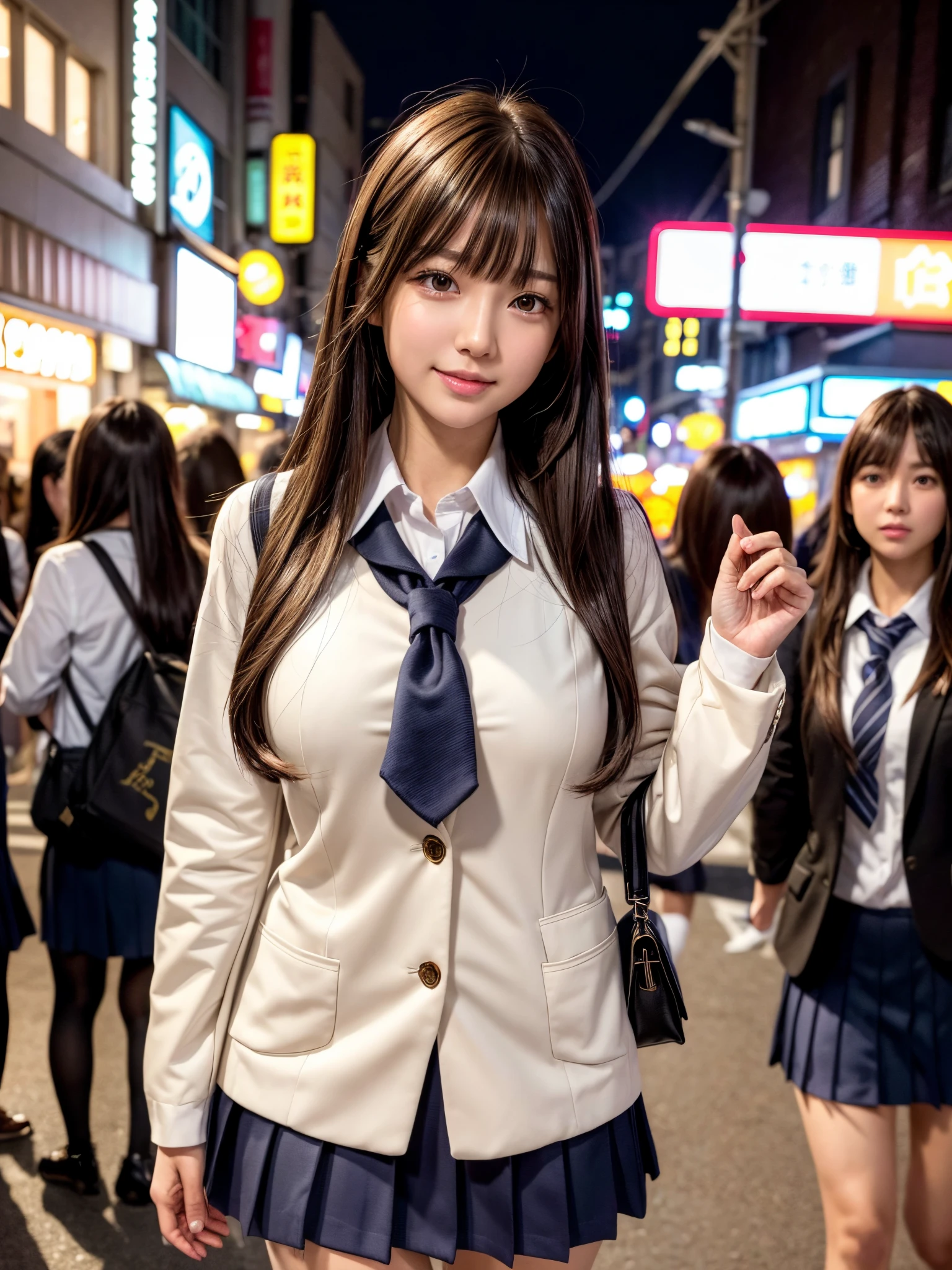 8K,Best Quality, masutepiece, ultra-detailliert, 超A high resolution, Photorealistic, Raw photo, absurderes, absolutely resolution, 1girl in, Looking at Viewer,a Japanese young pretty woman, hyper cute face, Glamorous figure, Huge breasts,Long bob hair,Smile,(School uniform:1.3),Detailed eyes, (she is walking down a crowded street at night:1.1),Glossy lips, Double eyelids in both eyes, Natural makeup, Glossy smooth light brown long bob hair, asymmetrical bangs, Shiny skin, central image, High resolution, high detailing, detailed hairstyle, Detailed face, spectacular movie lighting, Octane Rendering, Vibrant, Hyper realistic, Perfect limbs, Perfect Anatomy