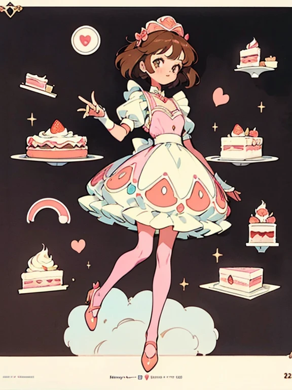 cover art poster design, full body view, panoramic view, ultra-detailed, crisp clean, vintage village bakery, art inspired by yayo, detailed Cute maid lady cute facial features, /(brown hair/) bangs, blush kind smile, (masterpiece best quality:1.2) delicate illustration, detailed beautiful brown eyes smokey makeup, detailed pouty cute lips, gold detail chain, wearing a detailed cute striped pink white and brown pastel color ruffle maid dress, medium size breast accentuate her model figure, curvy petite maid, highly detailed (((female small 5 fingers on each hand))), 2 arms, she is holding detailed delicious cute cream cake with decorated royal icing blueberries cute detailed sliced strawberries, vibrant colors, perfectly detailed 2 legs, knee high stockings on 2 legs, standing in a dyanmic pose holding cake,small cute strawberry, detailed dessert, detailed cupcake, lineart inspired by Naoko Takeuchi, instagram, makeup, ice cream, けもの, cover art, cover illustration, (((highly detailed cute dessert and cake))), awesome, BREAK bakery, Simple, Ultra detailed, black background, Detailed drawing, vectorised, digital illustration, conceptual art, Silhouette, 8K, flat lighting, no signature, no logo,